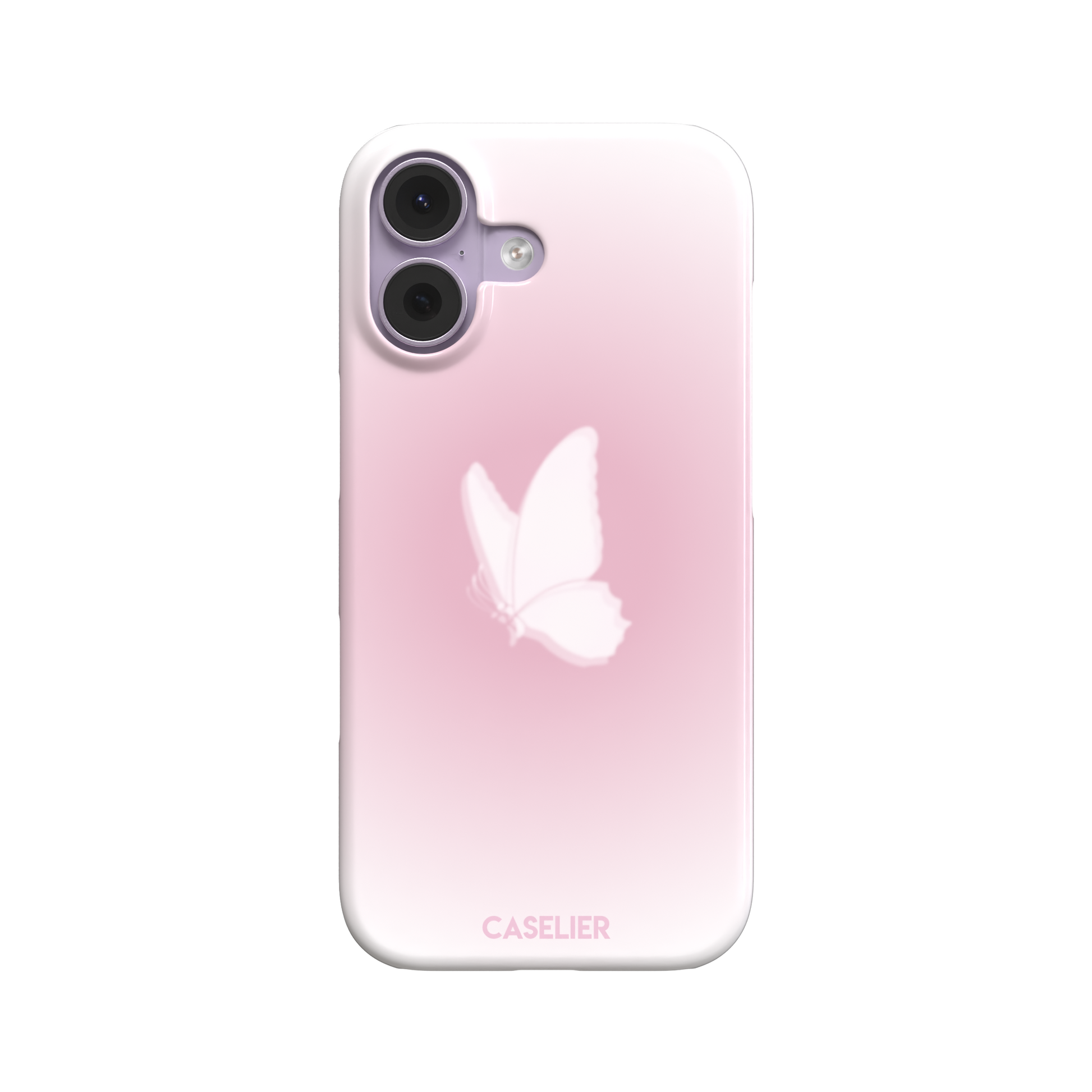 Butterfly phone case with a soft white butterfly silhouette on a blush pink gradient background, Coquette collection phone case by Caselier — snap case, front view