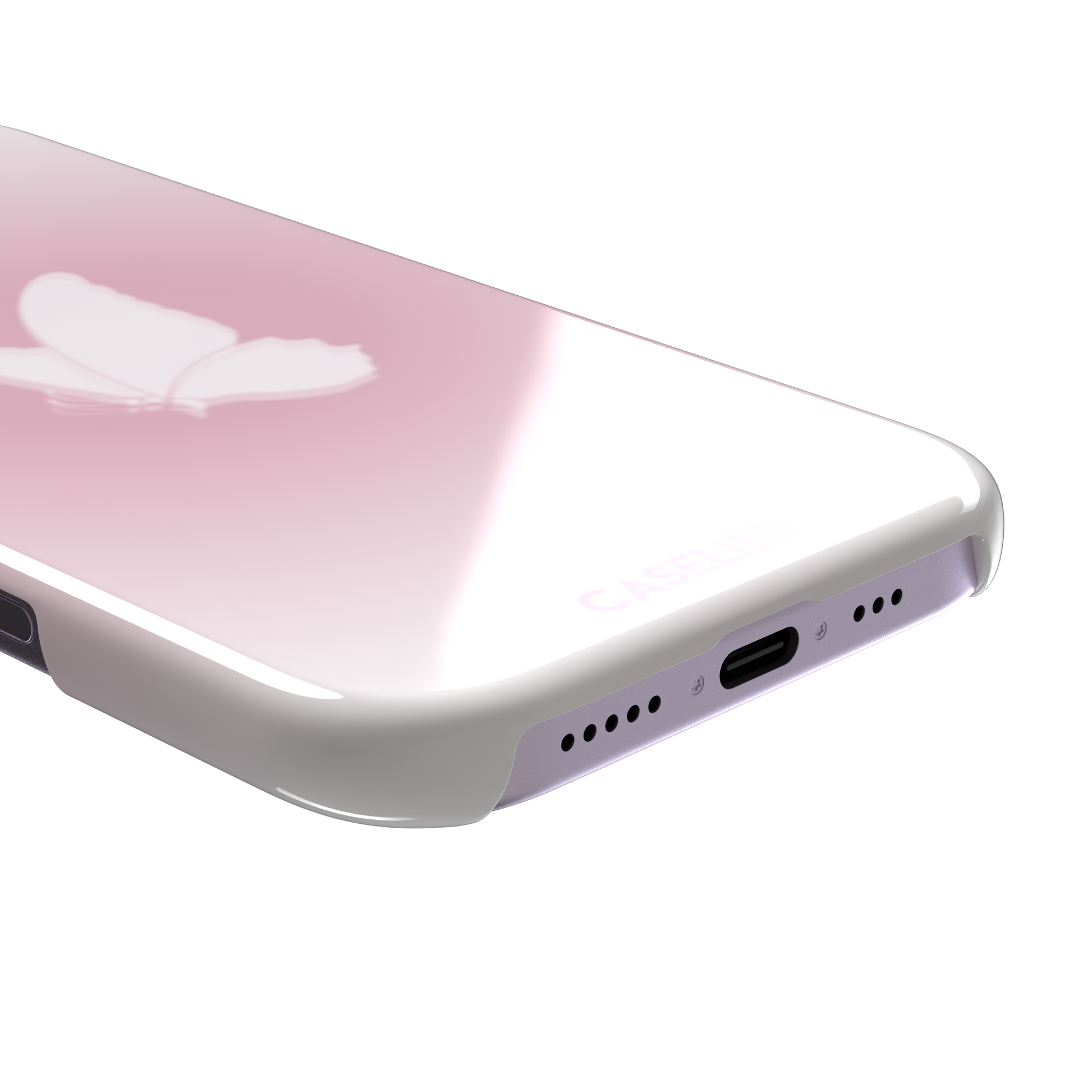Butterfly phone case with a soft white butterfly silhouette on a blush pink gradient background, Coquette collection phone case by Caselier — snap case, charging port detail