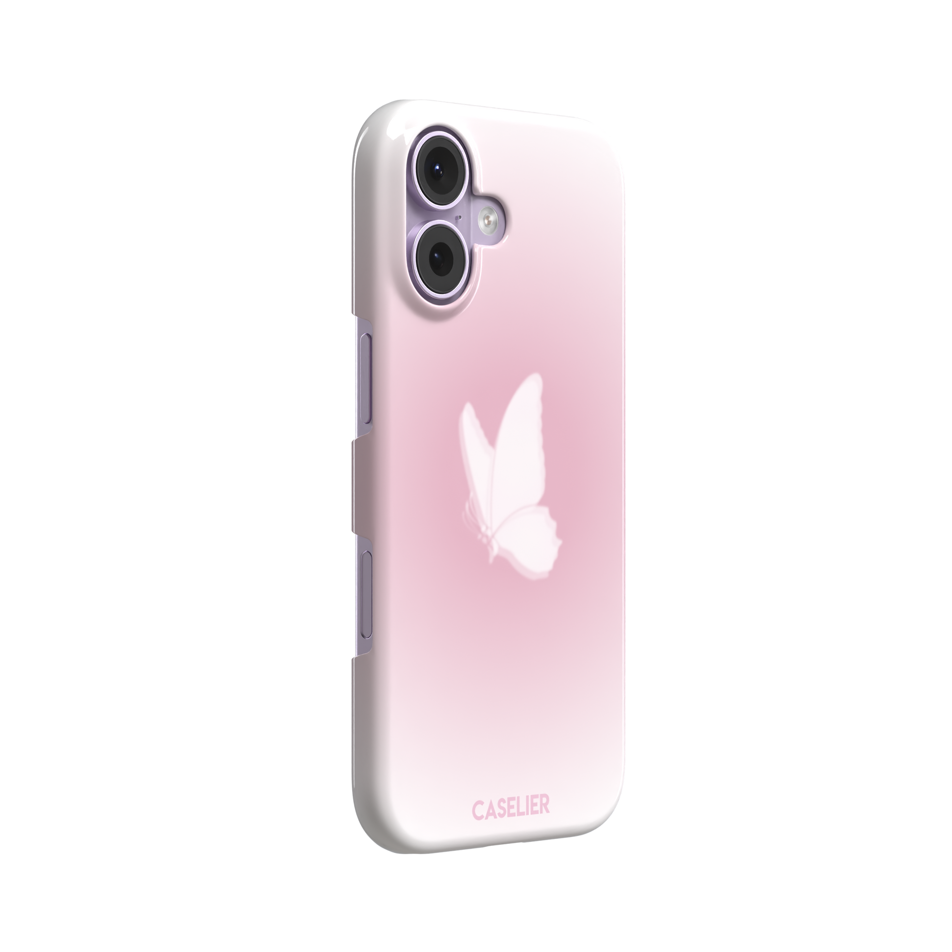 Butterfly phone case with a soft white butterfly silhouette on a blush pink gradient background, Coquette collection phone case by Caselier — snap case, left view