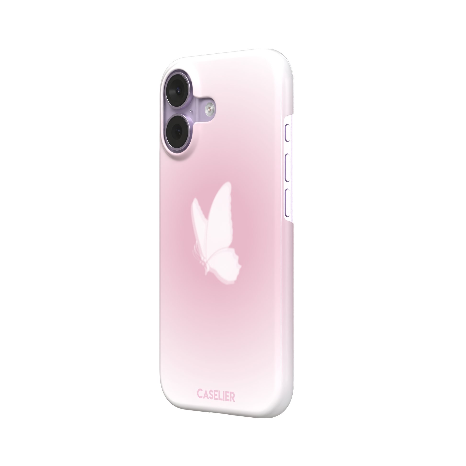 Butterfly phone case with a soft white butterfly silhouette on a blush pink gradient background, Coquette collection phone case by Caselier — snap case, right view