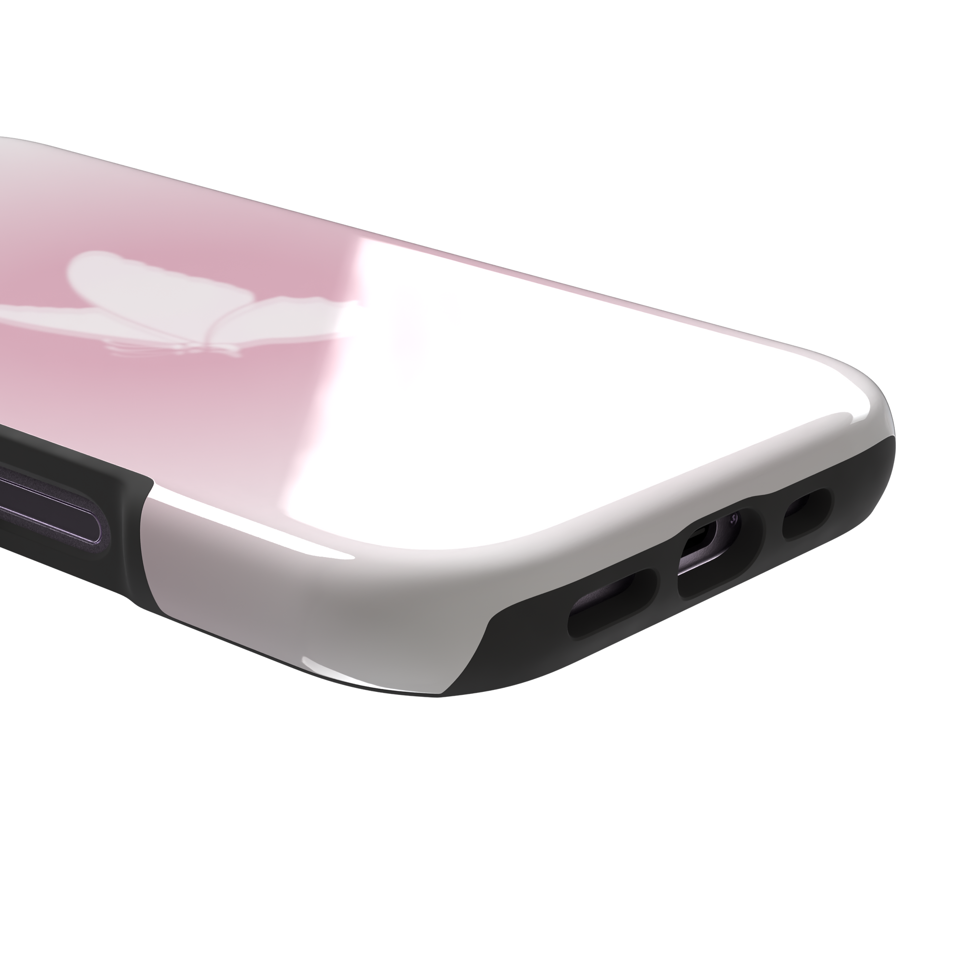 Butterfly phone case with a soft white butterfly silhouette on a blush pink gradient background, Coquette collection phone case by Caselier — tough case, charging port detail