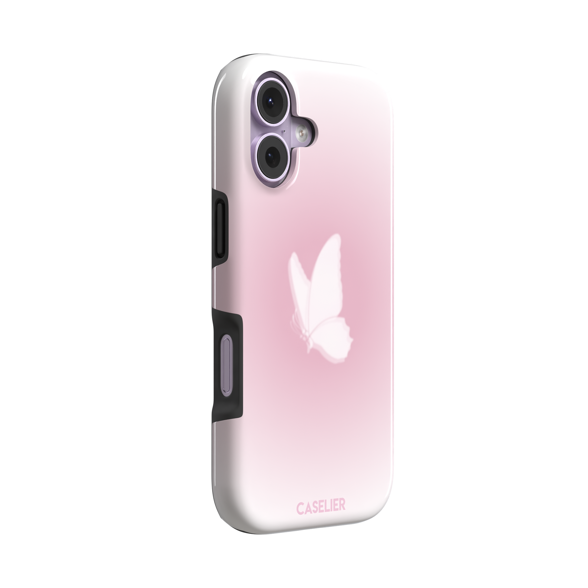 Butterfly phone case with a soft white butterfly silhouette on a blush pink gradient background, Coquette collection phone case by Caselier — tough case, left view
