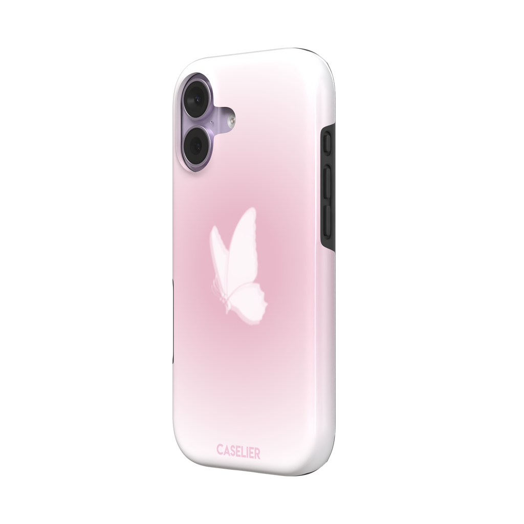 Butterfly phone case with a soft white butterfly silhouette on a blush pink gradient background, Coquette collection phone case by Caselier — tough case, right view