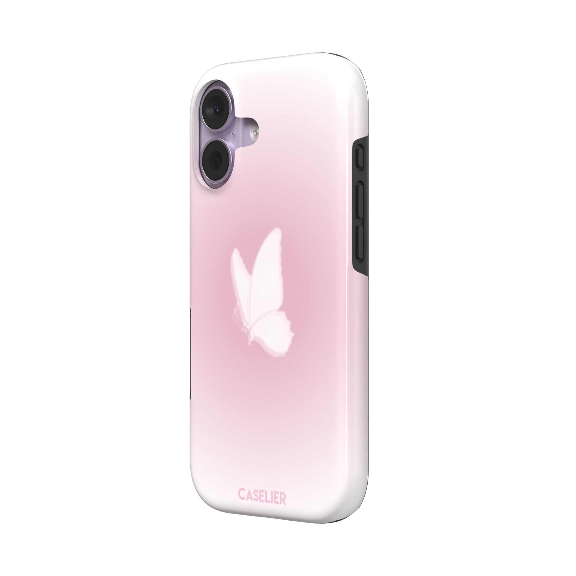 Butterfly phone case with a soft white butterfly silhouette on a blush pink gradient background, Coquette collection phone case by Caselier — tough case, right view
