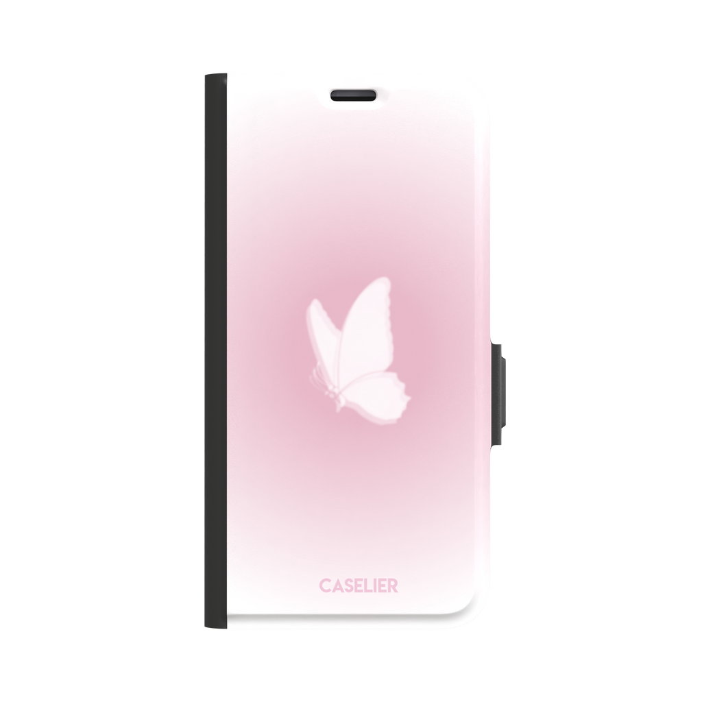 Butterfly phone case with a soft white butterfly silhouette on a blush pink gradient background, Coquette collection phone case by Caselier — wallet case, front view