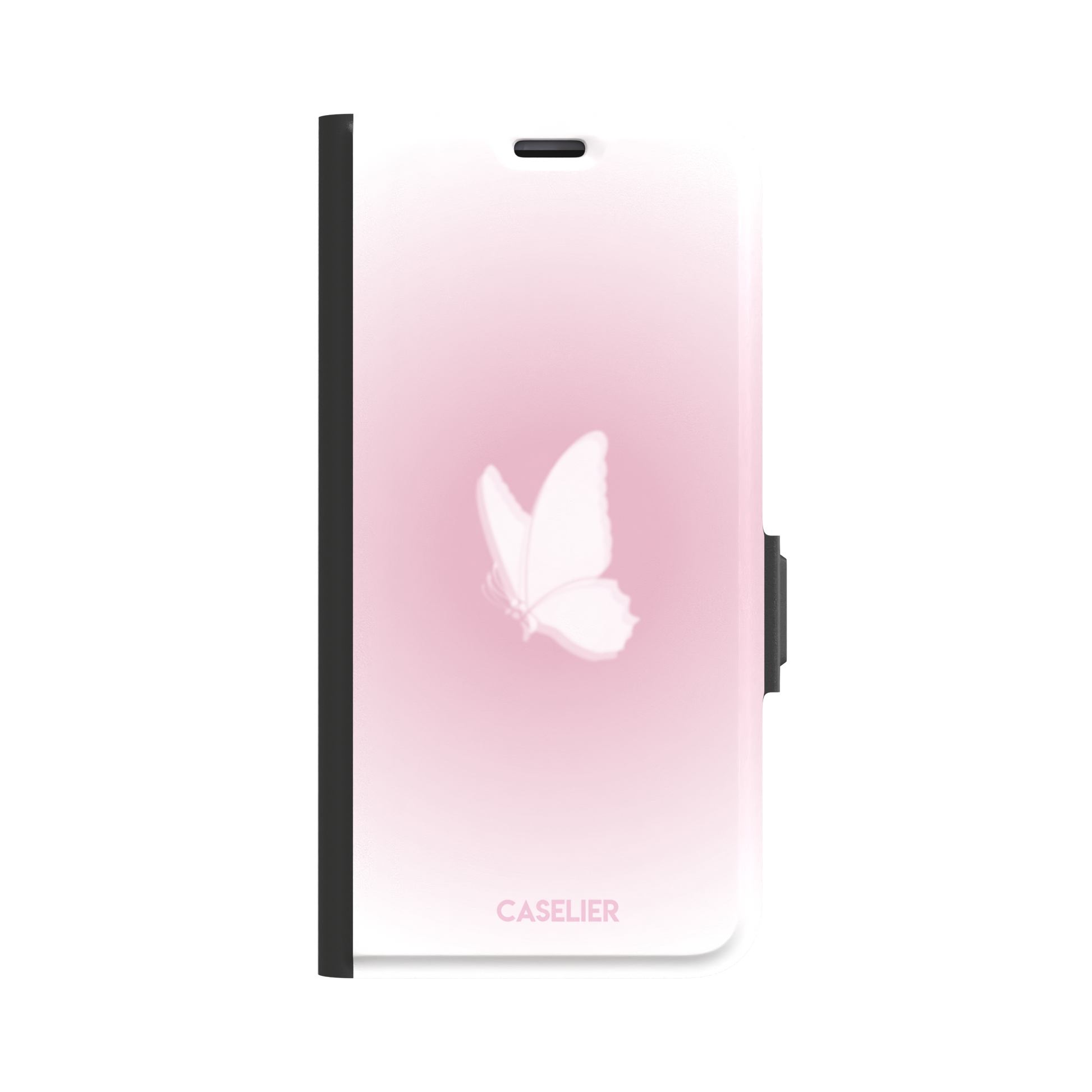 Butterfly phone case with a soft white butterfly silhouette on a blush pink gradient background, Coquette collection phone case by Caselier — wallet case, front view