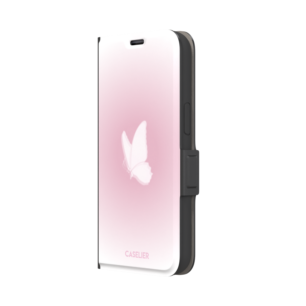Butterfly phone case with a soft white butterfly silhouette on a blush pink gradient background, Coquette collection phone case by Caselier — wallet case, right view