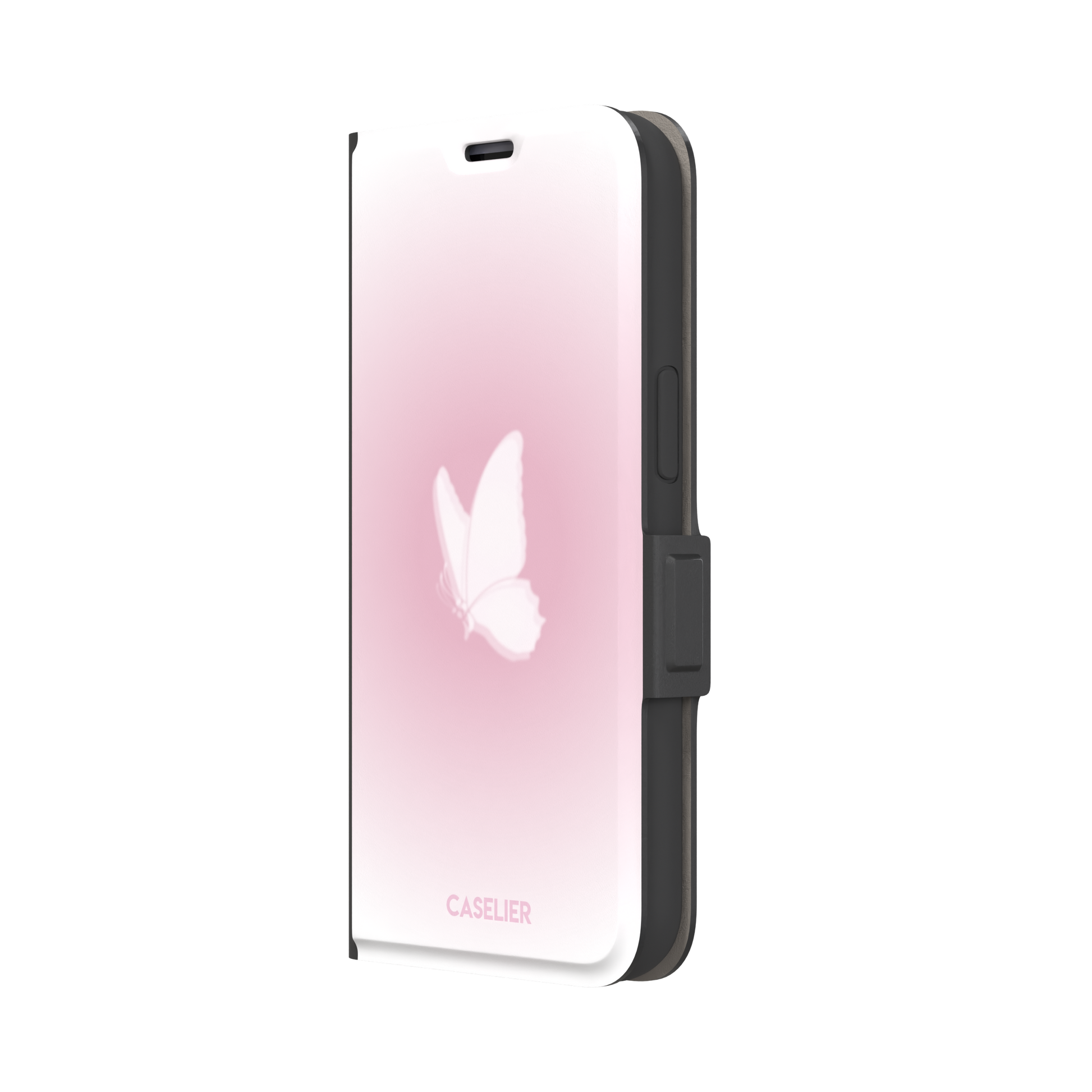 Butterfly phone case with a soft white butterfly silhouette on a blush pink gradient background, Coquette collection phone case by Caselier — wallet case, right view