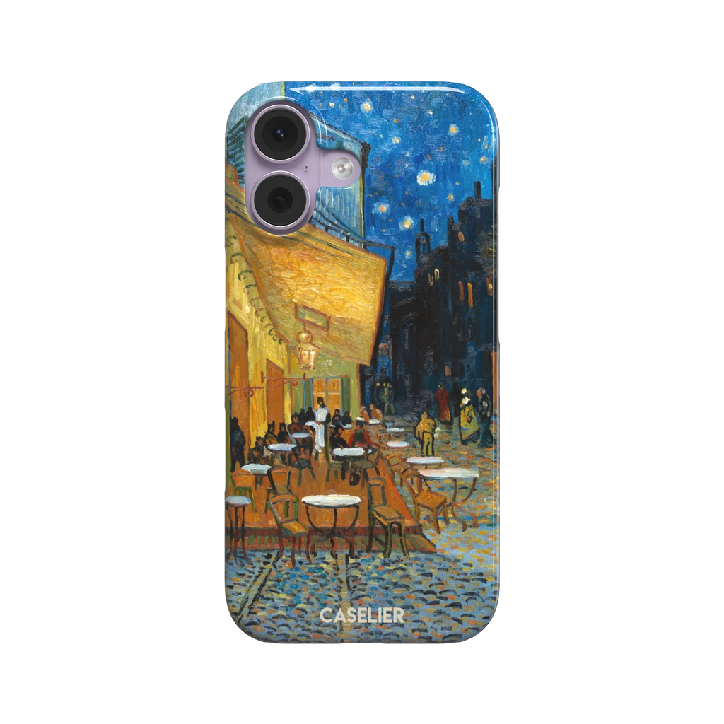 Cafe Terrace at Night by Vincent van Gogh phone case showing a glowing golden café awning, cobblestone street, seated figures, and a deep blue starry night sky, phone case by Caselier — snap case, front view