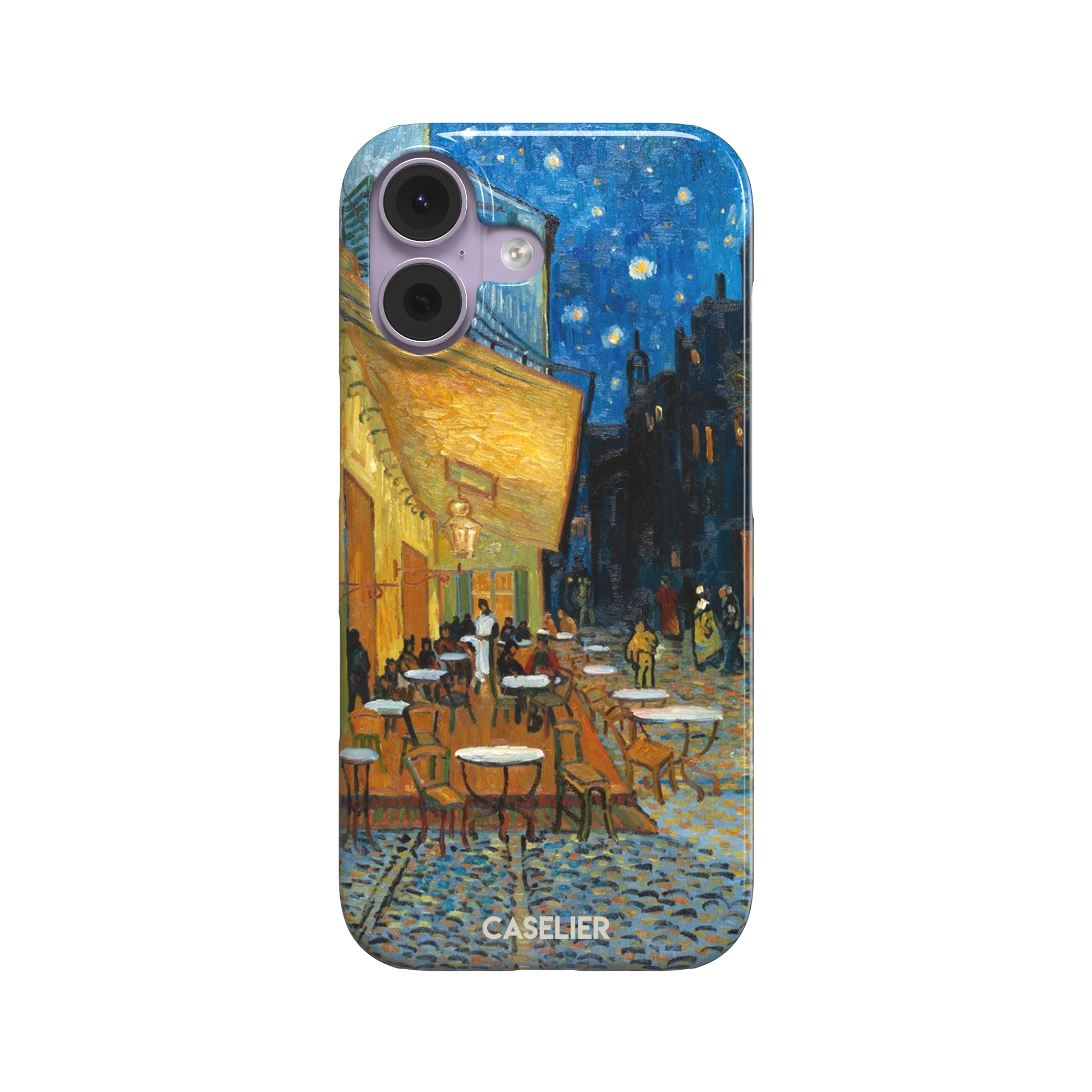 Cafe Terrace at Night by Vincent van Gogh phone case showing a glowing golden café awning, cobblestone street, seated figures, and a deep blue starry night sky, phone case by Caselier — snap case, front view