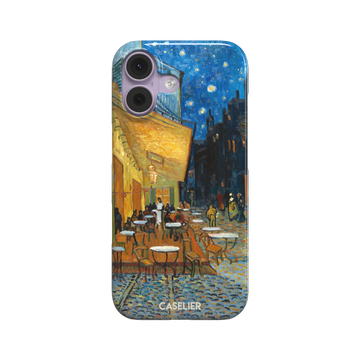 Cafe Terrace at Night by Vincent van Gogh phone case showing a glowing golden café awning, cobblestone street, seated figures, and a deep blue starry night sky, phone case by Caselier — snap case, front view