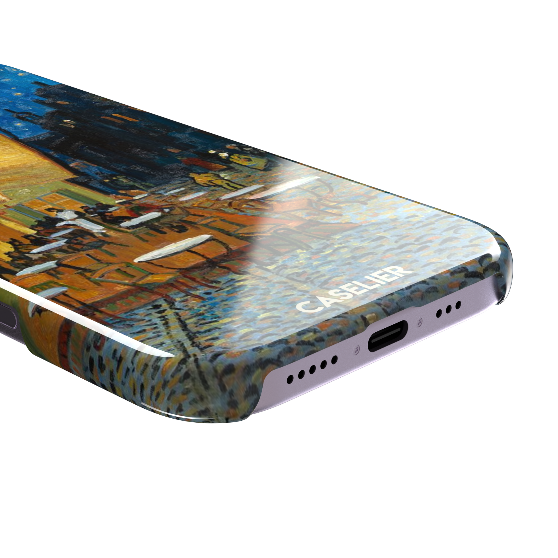 Cafe Terrace at Night by Vincent van Gogh phone case showing a glowing golden café awning, cobblestone street, seated figures, and a deep blue starry night sky, phone case by Caselier — snap case, charging port detail