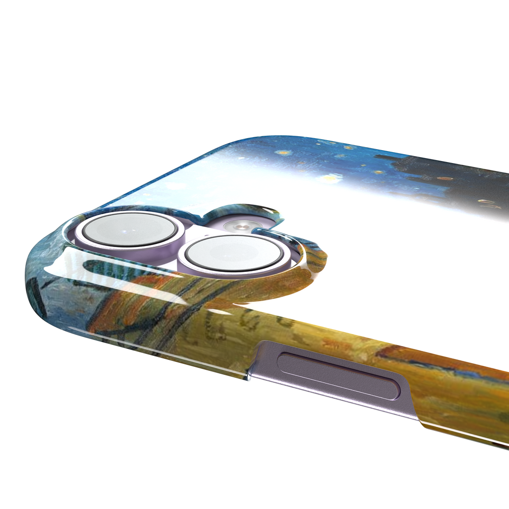 Cafe Terrace at Night by Vincent van Gogh phone case showing a glowing golden café awning, cobblestone street, seated figures, and a deep blue starry night sky, phone case by Caselier — snap case, volume buttons detail