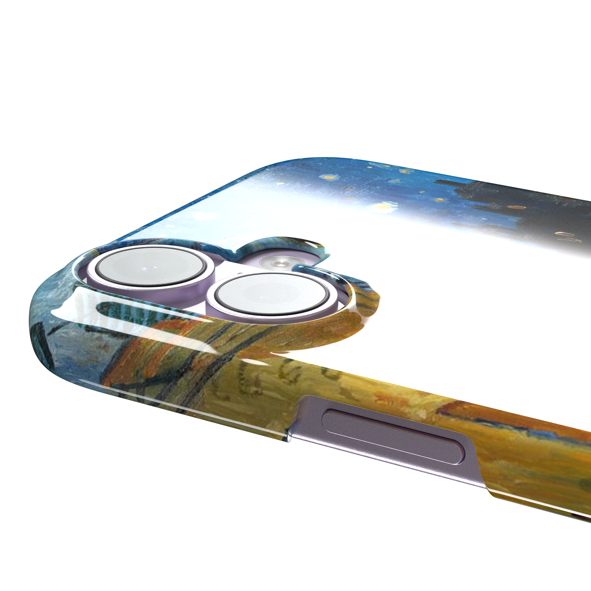 Cafe Terrace at Night by Vincent van Gogh phone case showing a glowing golden café awning, cobblestone street, seated figures, and a deep blue starry night sky, phone case by Caselier — snap case, volume buttons detail