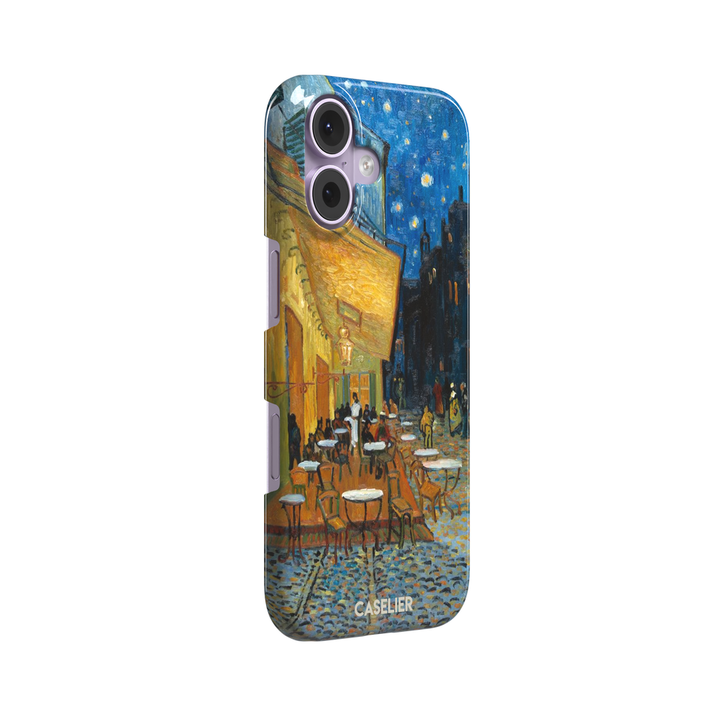 Cafe Terrace at Night by Vincent van Gogh phone case showing a glowing golden café awning, cobblestone street, seated figures, and a deep blue starry night sky, phone case by Caselier — snap case, left view