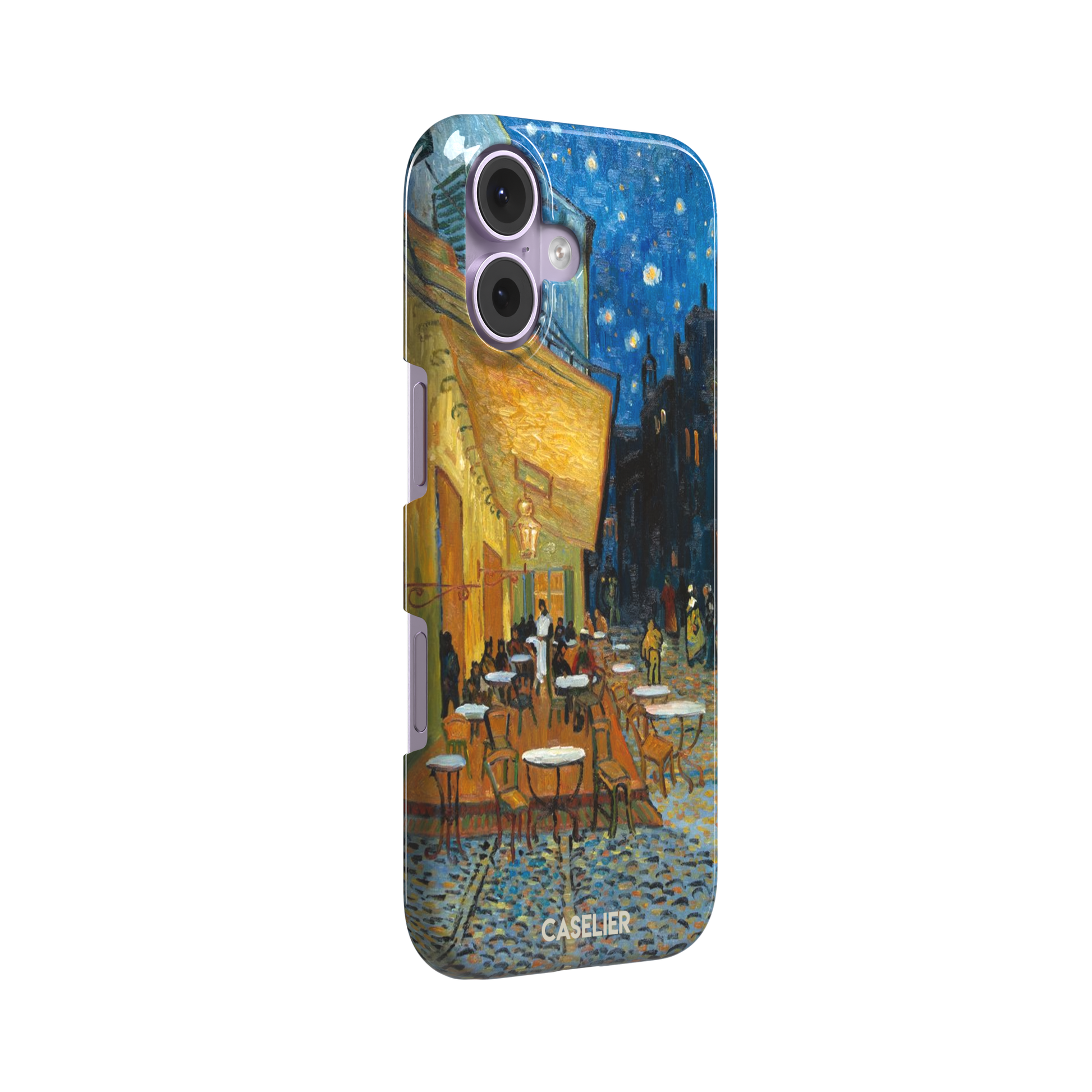 Cafe Terrace at Night by Vincent van Gogh phone case showing a glowing golden café awning, cobblestone street, seated figures, and a deep blue starry night sky, phone case by Caselier — snap case, left view