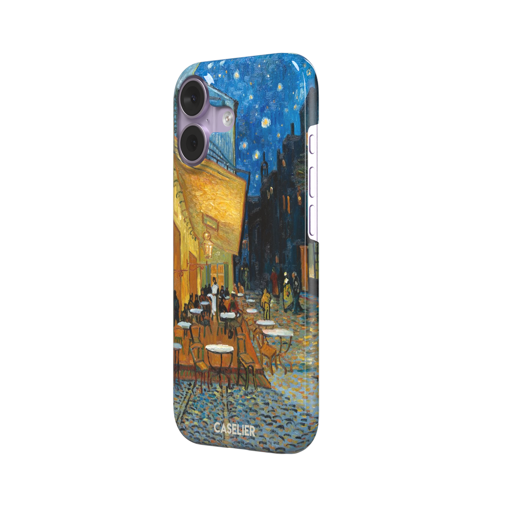Cafe Terrace at Night by Vincent van Gogh phone case showing a glowing golden café awning, cobblestone street, seated figures, and a deep blue starry night sky, phone case by Caselier — snap case, right view