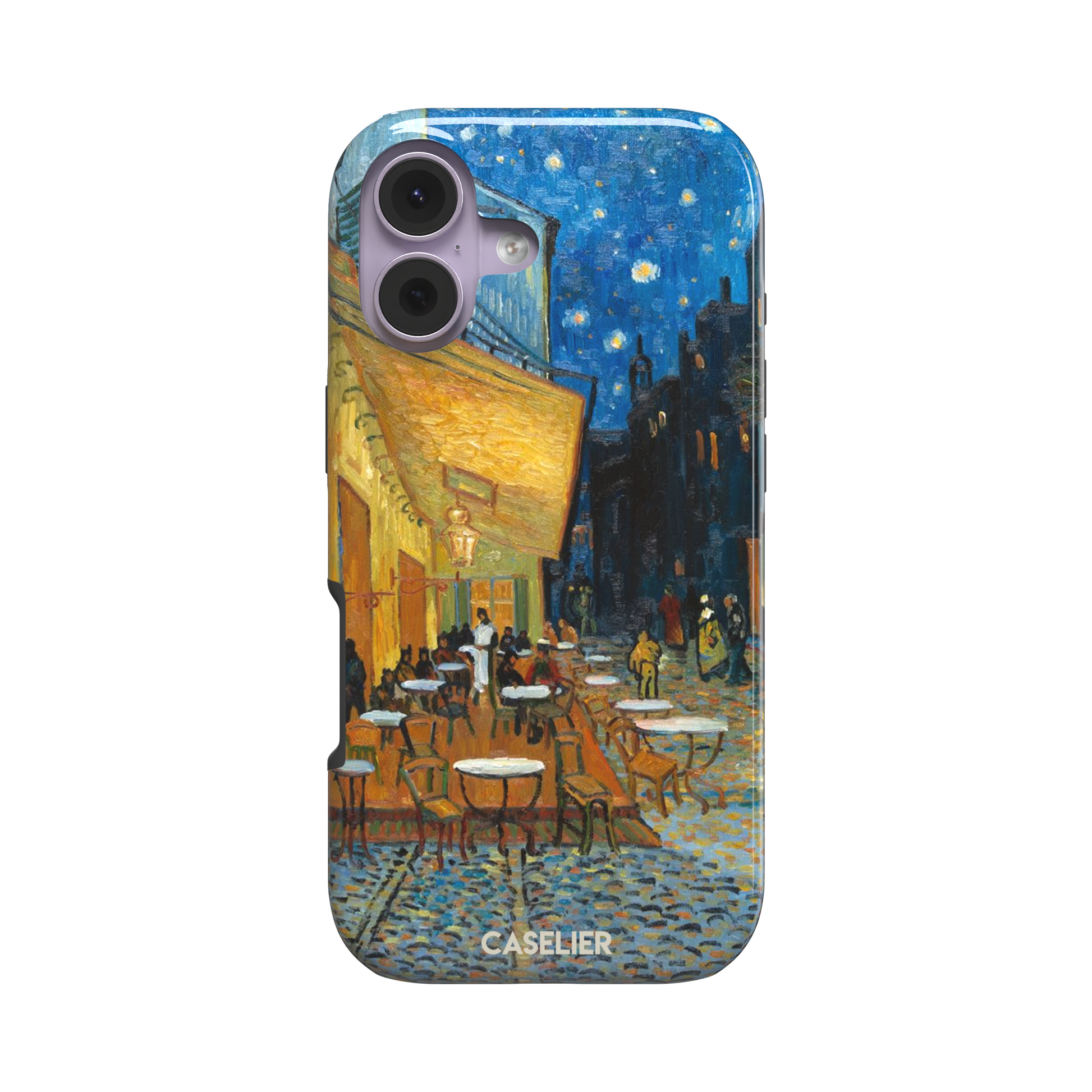 Cafe Terrace at Night by Vincent van Gogh phone case showing a glowing golden café awning, cobblestone street, seated figures, and a deep blue starry night sky, phone case by Caselier — tough case, front view