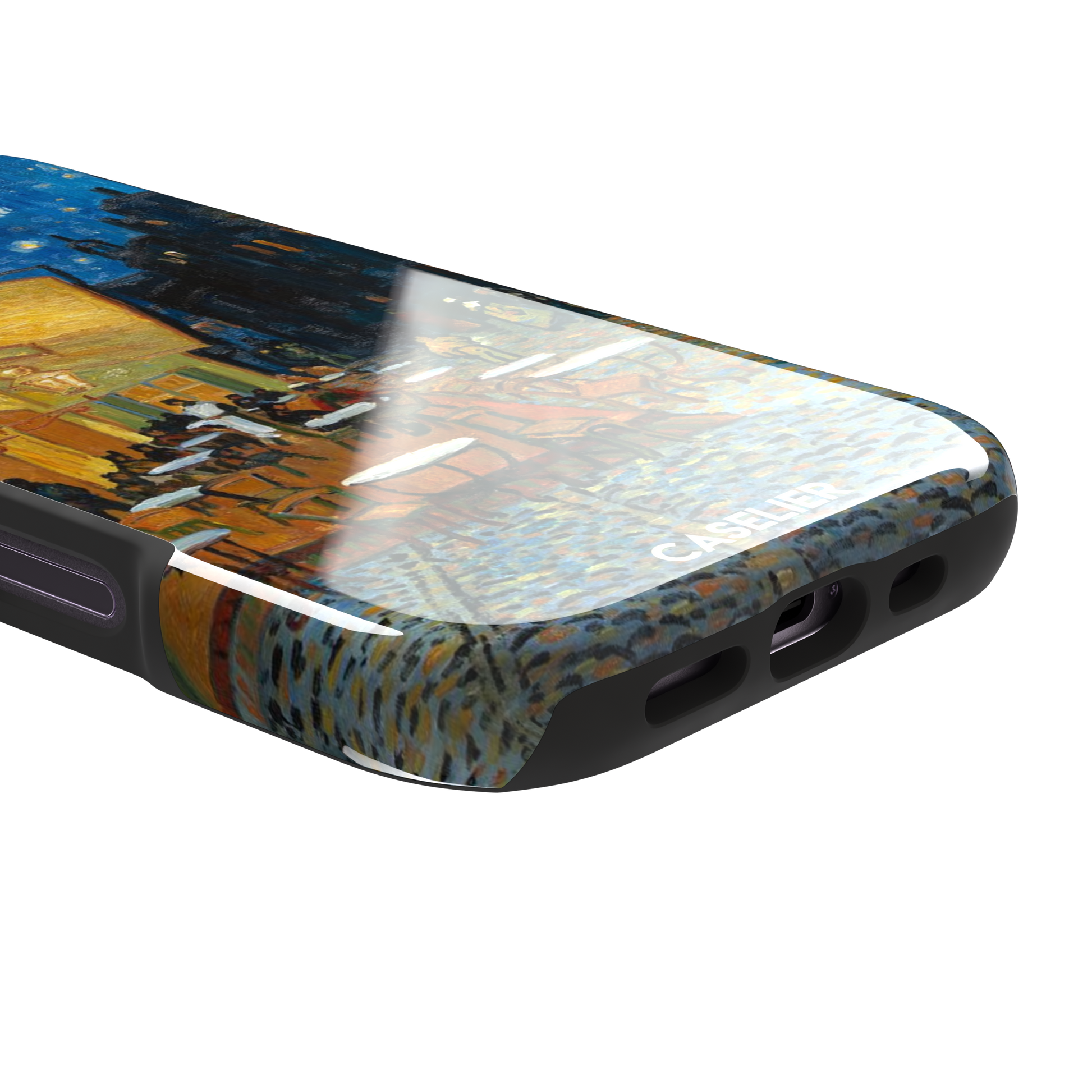Cafe Terrace at Night by Vincent van Gogh phone case showing a glowing golden café awning, cobblestone street, seated figures, and a deep blue starry night sky, phone case by Caselier — tough case, charging port detail