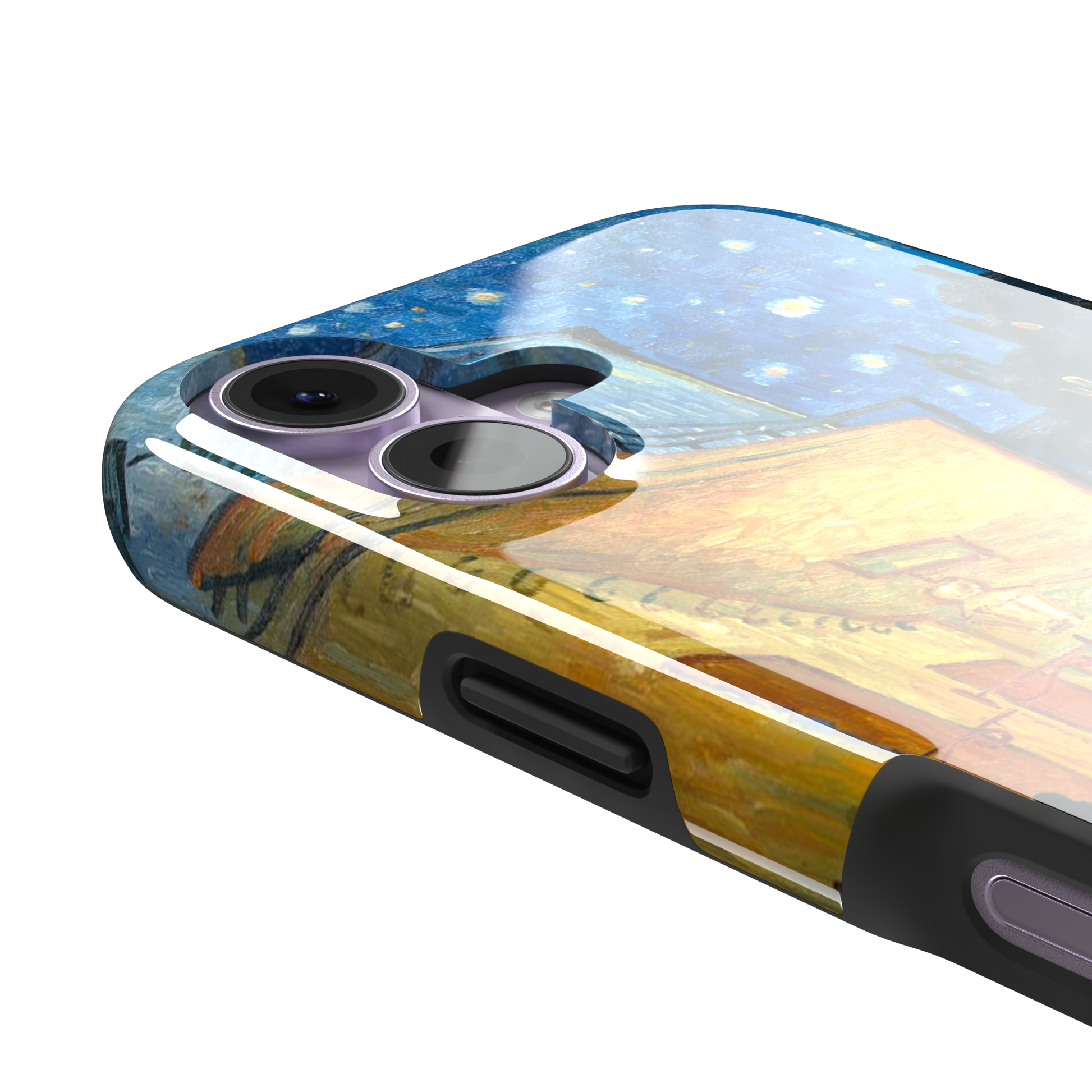 Cafe Terrace at Night by Vincent van Gogh phone case showing a glowing golden café awning, cobblestone street, seated figures, and a deep blue starry night sky, phone case by Caselier — tough case, volume buttons detail