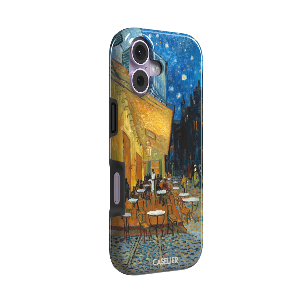 Cafe Terrace at Night by Vincent van Gogh phone case showing a glowing golden café awning, cobblestone street, seated figures, and a deep blue starry night sky, phone case by Caselier — tough case, left view