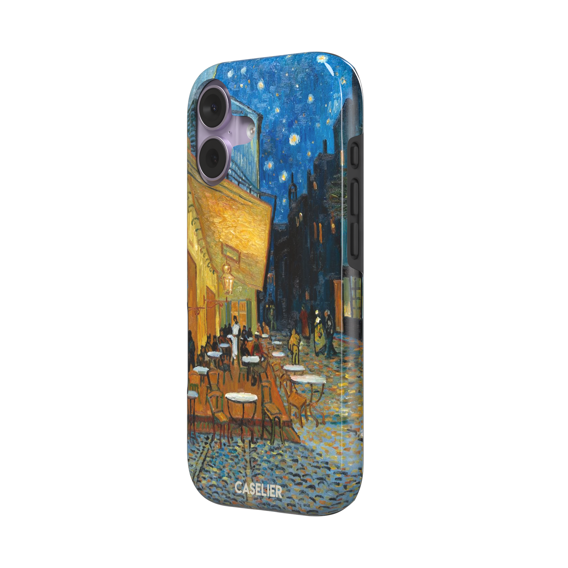 Cafe Terrace at Night by Vincent van Gogh phone case showing a glowing golden café awning, cobblestone street, seated figures, and a deep blue starry night sky, phone case by Caselier — tough case, right view