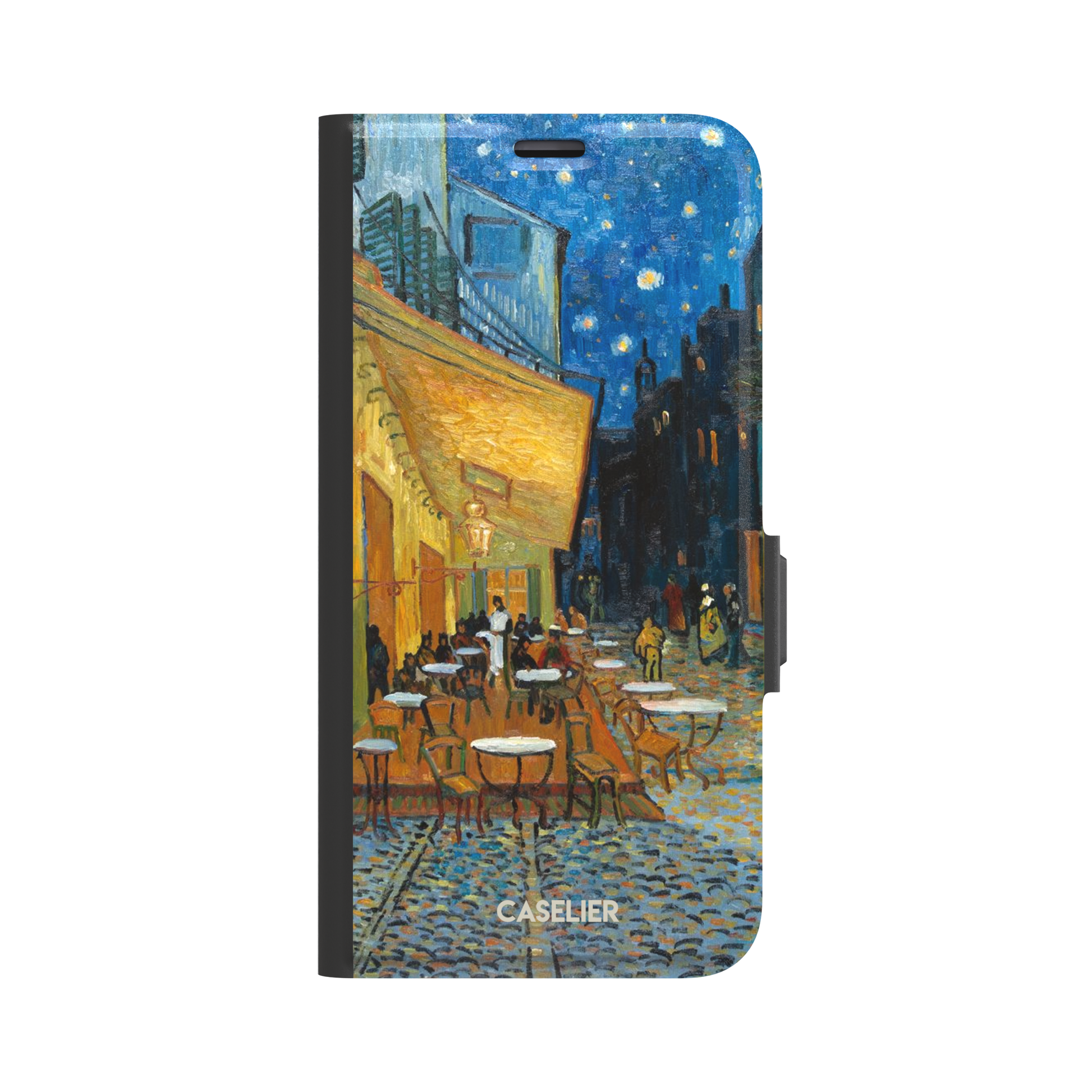 Cafe Terrace at Night by Vincent van Gogh phone case showing a glowing golden café awning, cobblestone street, seated figures, and a deep blue starry night sky, phone case by Caselier — wallet case, front view