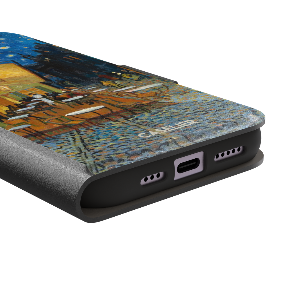 Cafe Terrace at Night by Vincent van Gogh phone case showing a glowing golden café awning, cobblestone street, seated figures, and a deep blue starry night sky, phone case by Caselier — wallet case, charging port detail