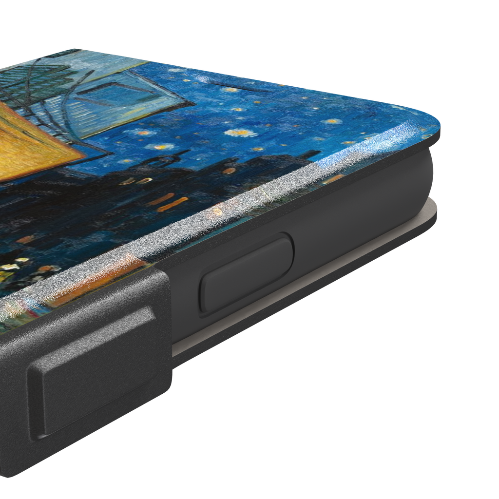 Cafe Terrace at Night by Vincent van Gogh phone case showing a glowing golden café awning, cobblestone street, seated figures, and a deep blue starry night sky, phone case by Caselier — wallet case, volume buttons detail