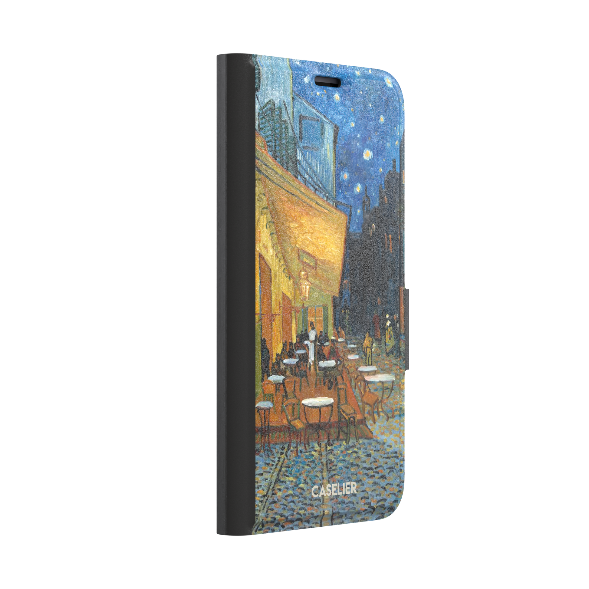 Cafe Terrace at Night by Vincent van Gogh phone case showing a glowing golden café awning, cobblestone street, seated figures, and a deep blue starry night sky, phone case by Caselier — wallet case, left view