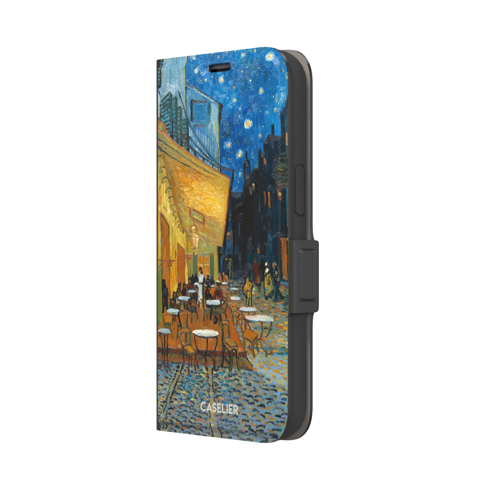 Cafe Terrace at Night by Vincent van Gogh phone case showing a glowing golden café awning, cobblestone street, seated figures, and a deep blue starry night sky, phone case by Caselier — wallet case, right view