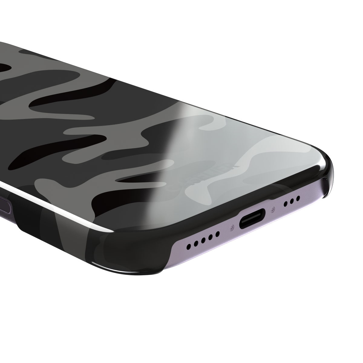 Camouflage, urban camouflage pattern in grey and black tones, snap case, charging port detail, phone case by Caselier