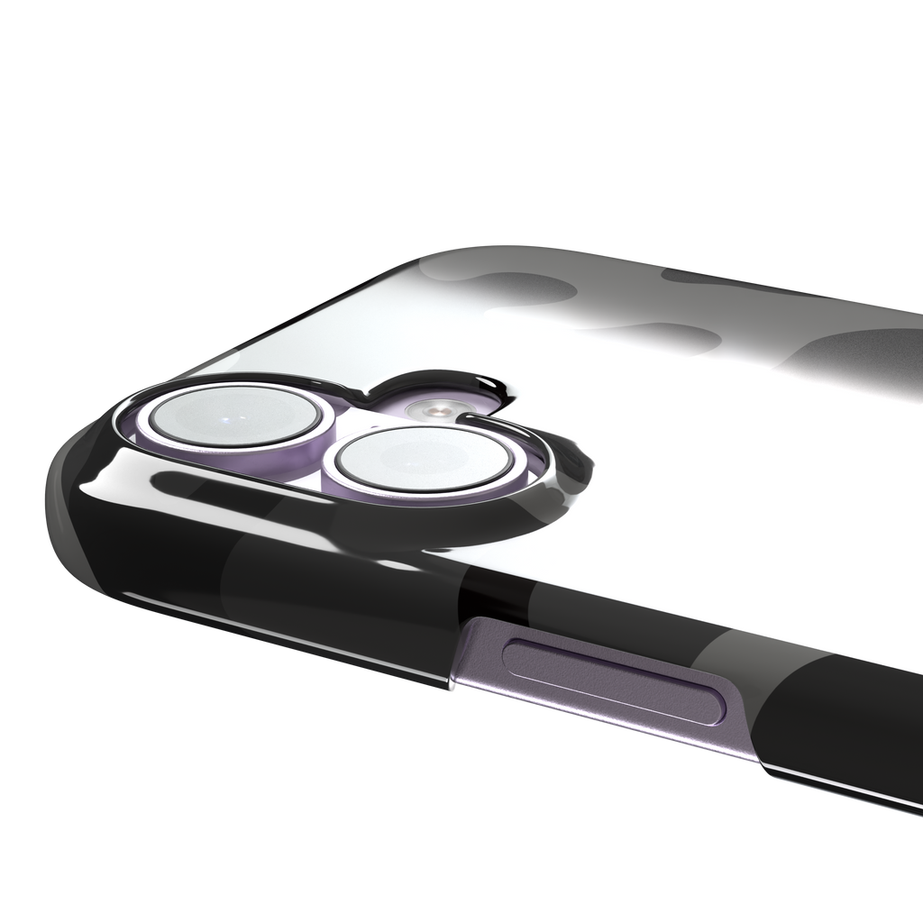 Camouflage, urban camouflage pattern in grey and black tones, snap case, volume buttons detail, phone case by Caselier