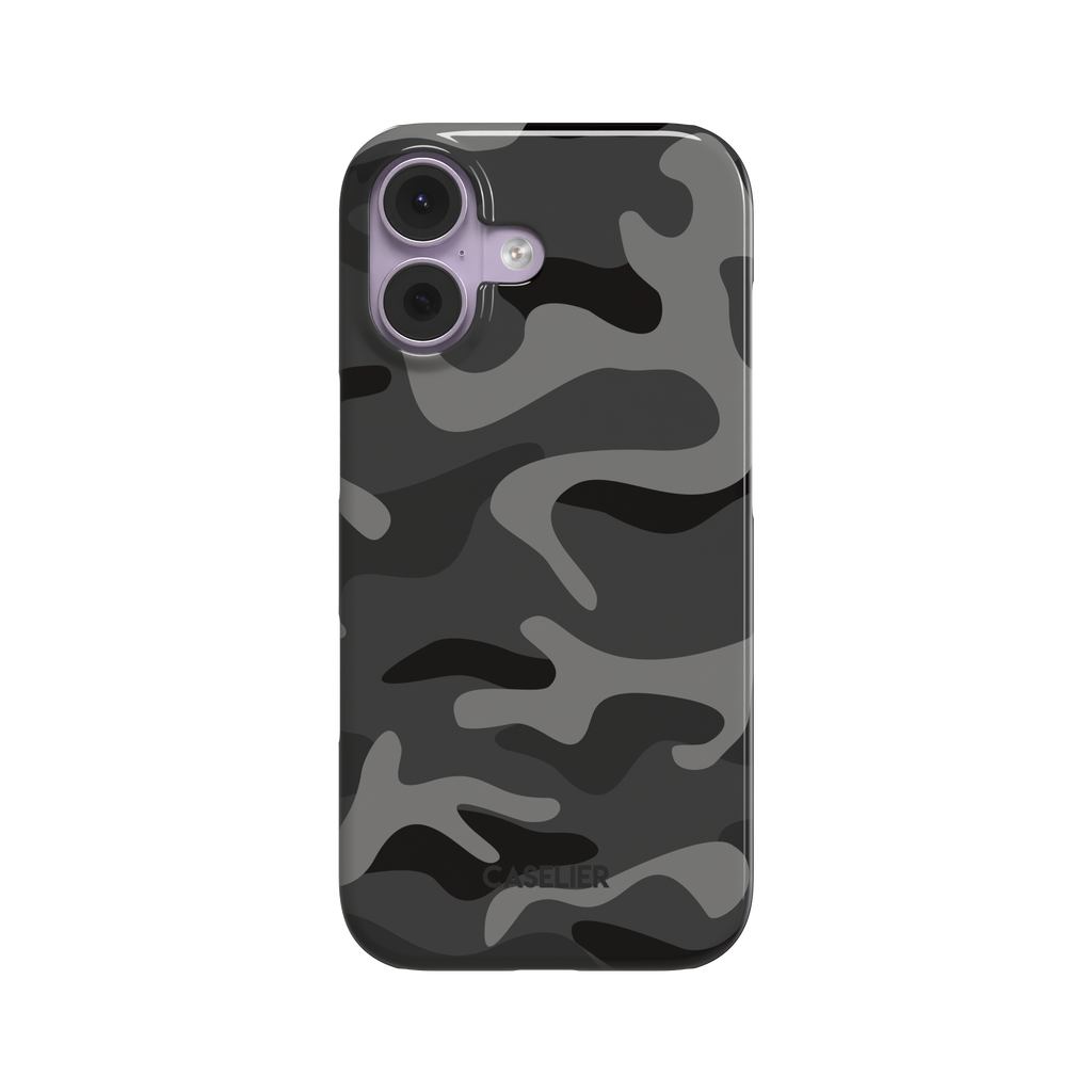 Dark grey and black camouflage pattern phone case, glossy finish, front view on white background, phone case by Caselier - snap case, front view | Caselier