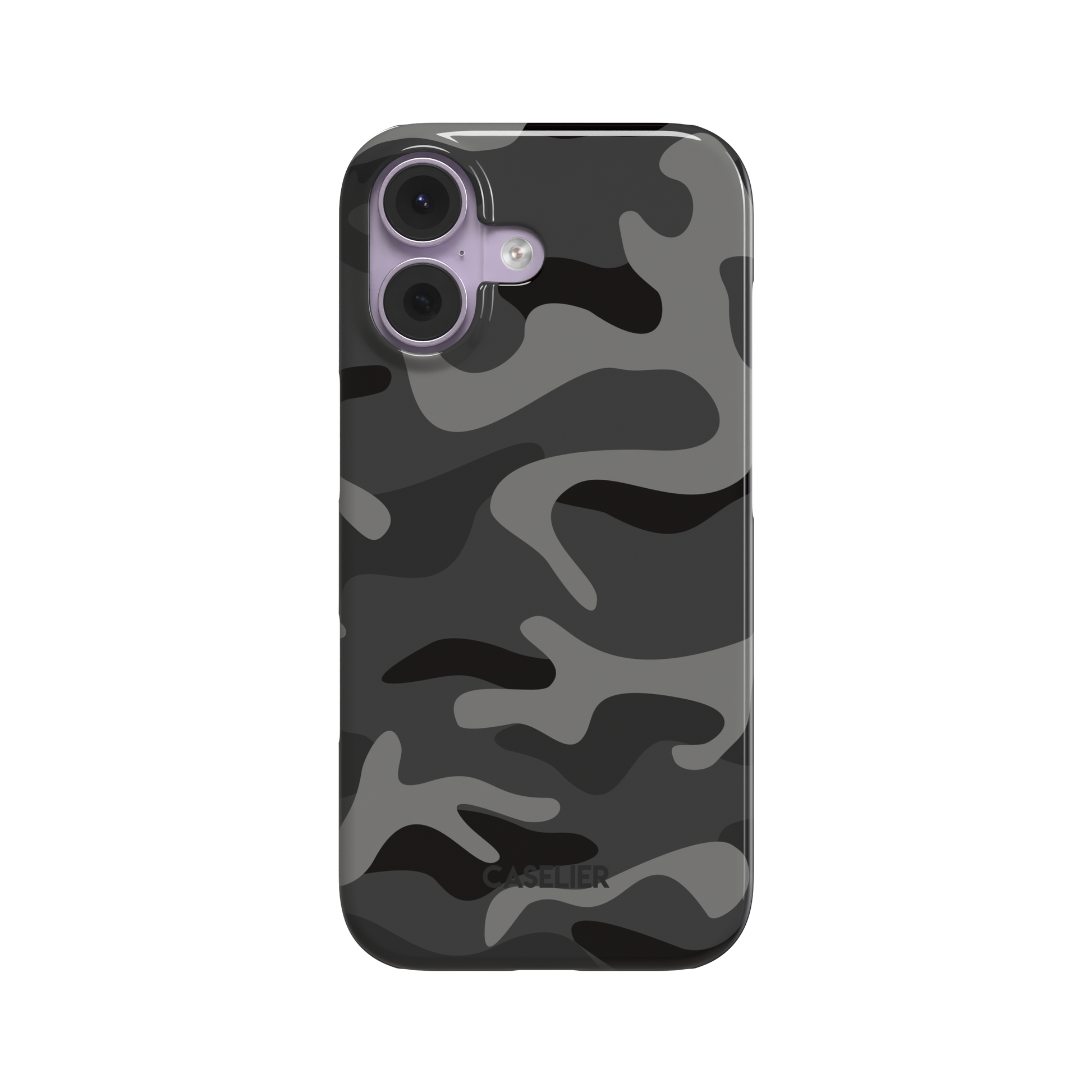Dark grey and black camouflage pattern phone case, glossy finish, front view on white background, phone case by Caselier - snap case, front view | Caselier