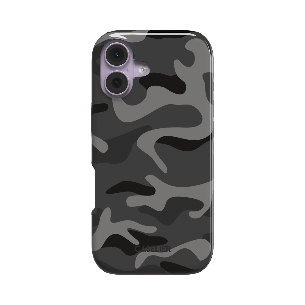 Dark grey and black camouflage pattern phone case, slim profile, slightly angled rear view showing side edges, white background, phone case by Caselier - tough case, front view | Caselier