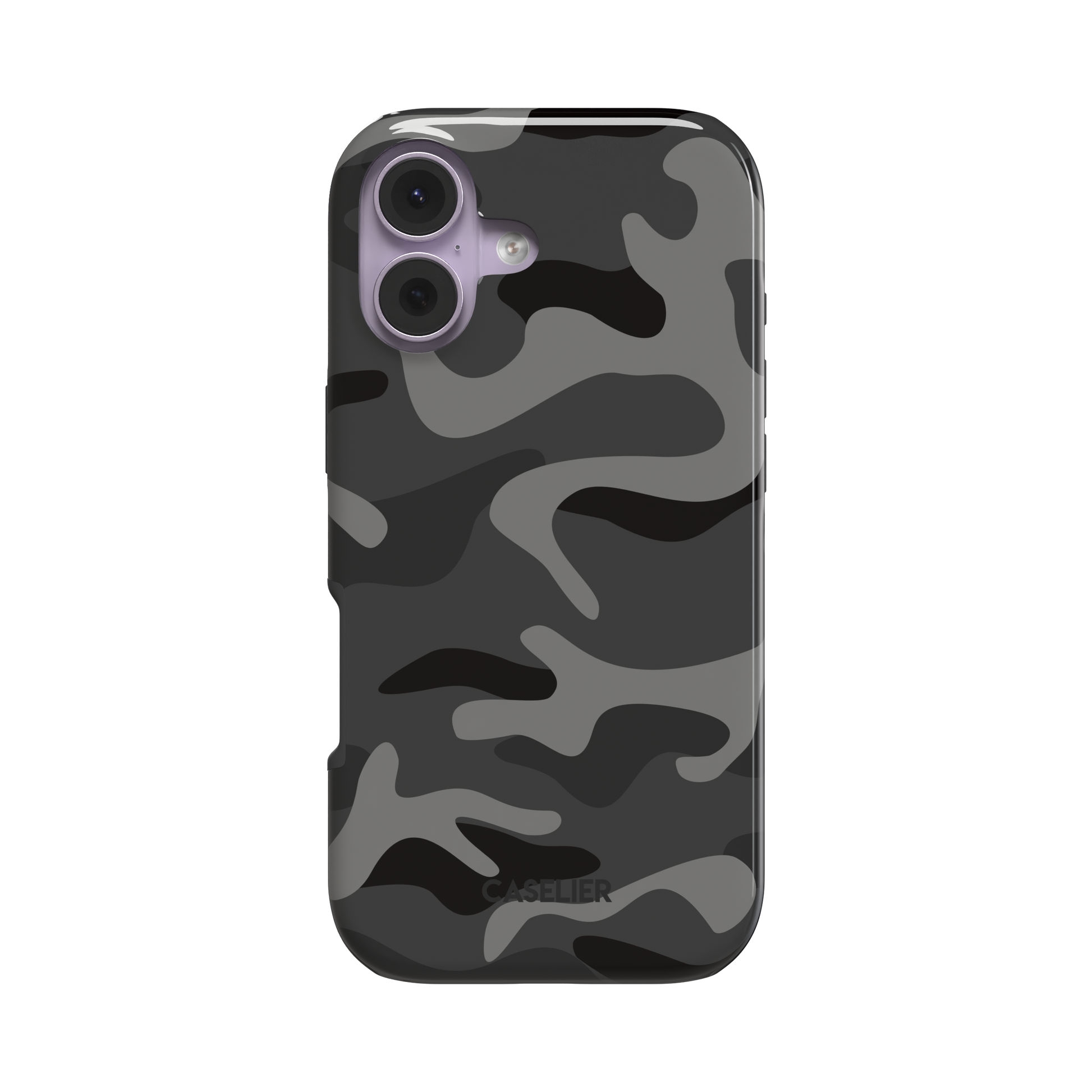 Dark grey and black camouflage pattern phone case, slim profile, slightly angled rear view showing side edges, white background, phone case by Caselier - tough case, front view | Caselier