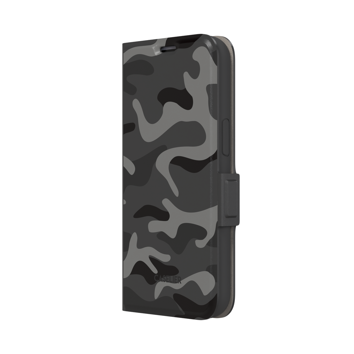 Camouflage, urban camouflage pattern in grey and black tones, wallet case, right view, phone case by Caselier