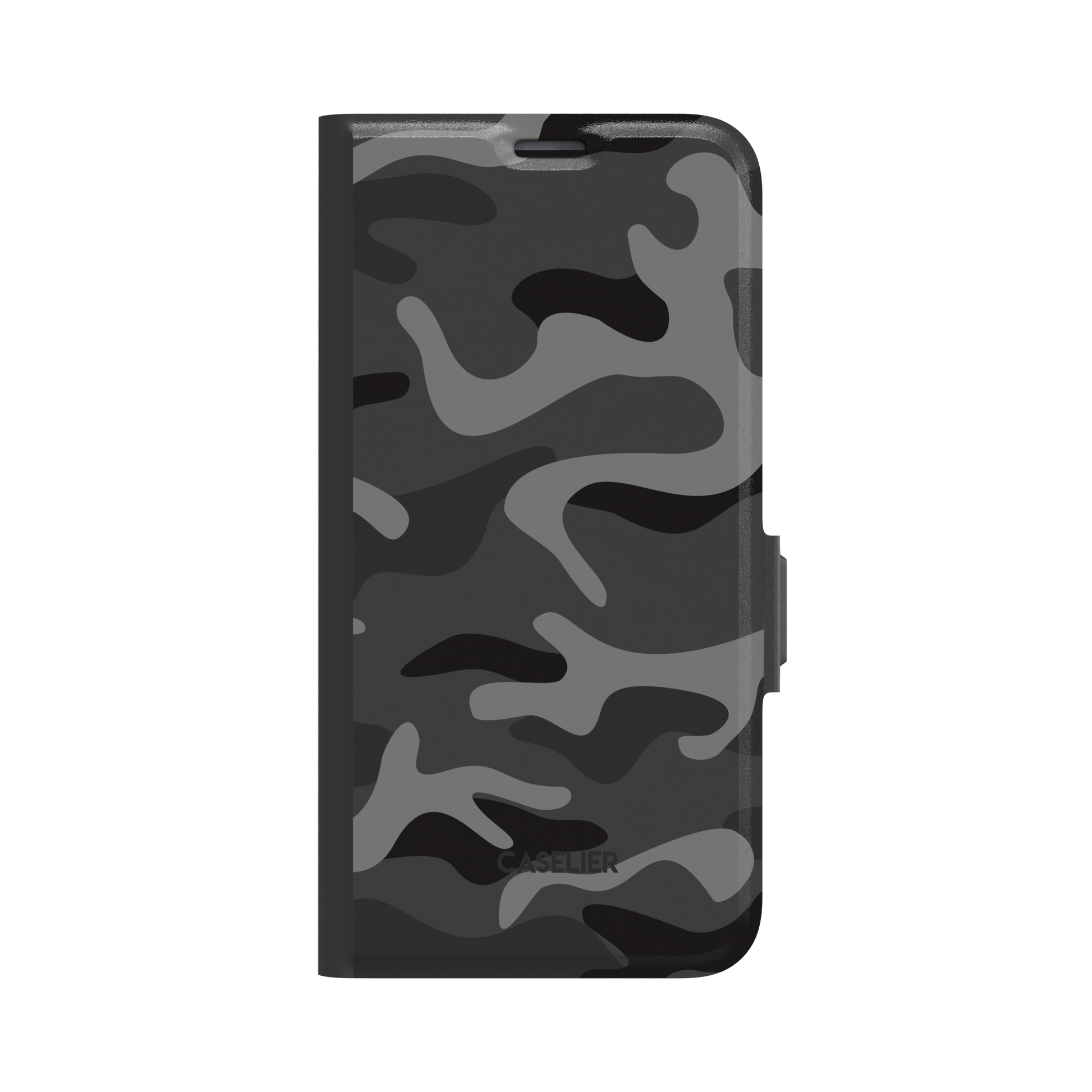 Dark grey and black camouflage pattern folio wallet phone case, front cover closed, black spine and clasp, white background, phone case by Caselier - wallet case, front view | Caselier