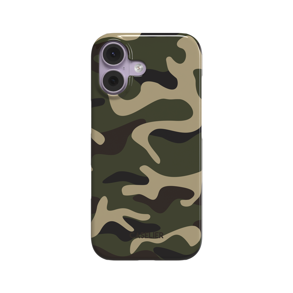 Forest green, tan, and dark brown camouflage pattern phone case, glossy finish, front view on white background, phone case by Caselier - snap case, front view | Caselier