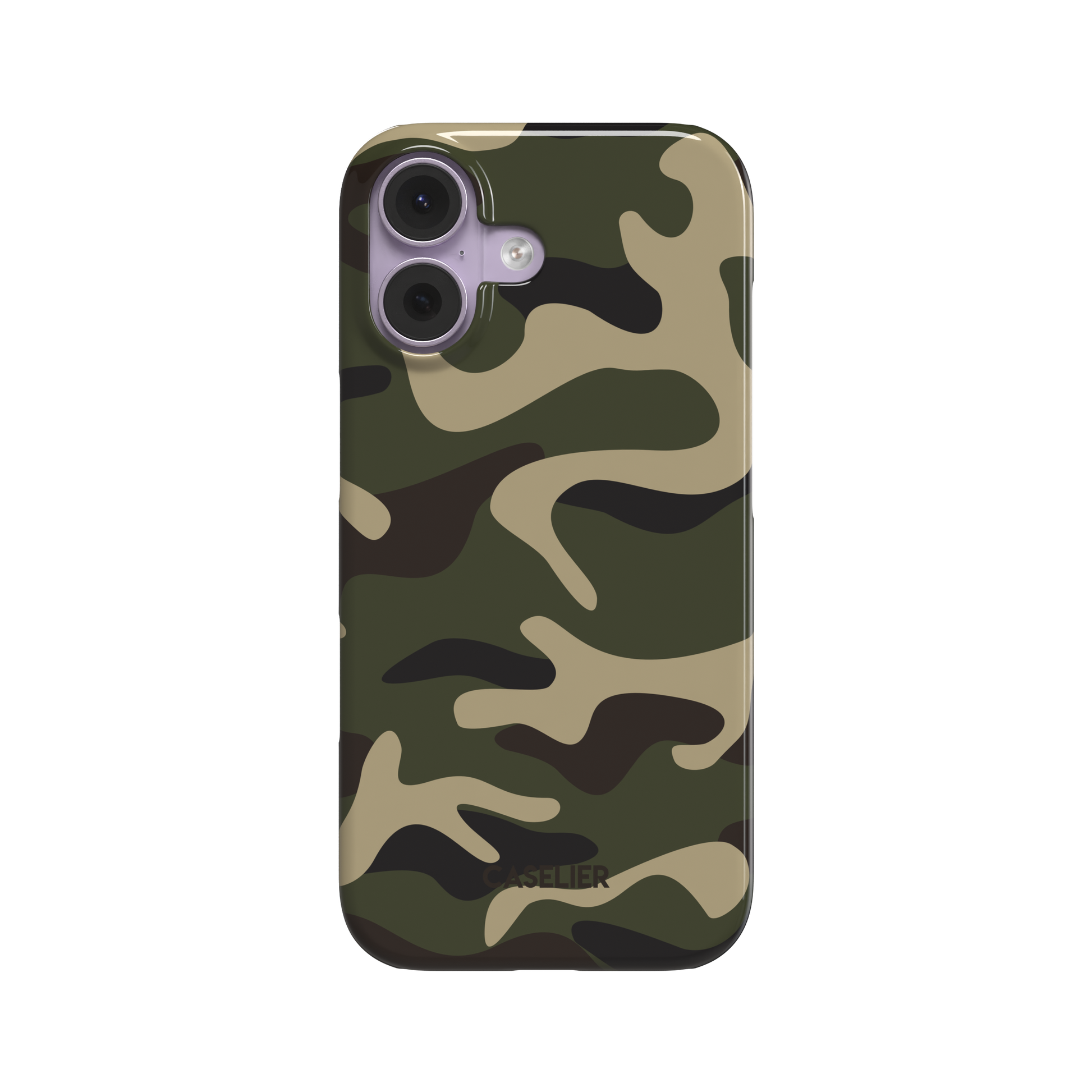 Forest green, tan, and dark brown camouflage pattern phone case, glossy finish, front view on white background, phone case by Caselier - snap case, front view | Caselier