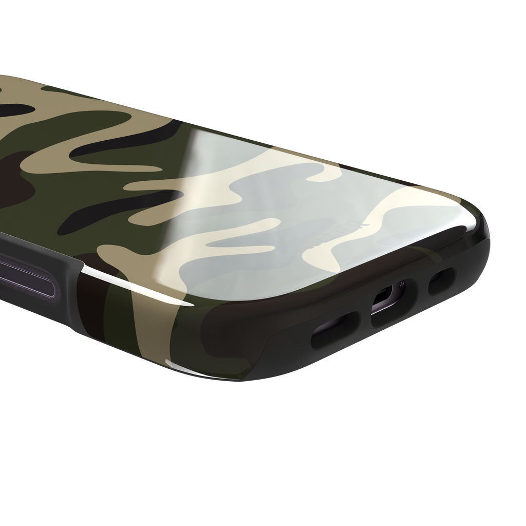 Camouflage, classic military camouflage in green, khaki and brown, tough case, charging port detail, phone case by Caselier