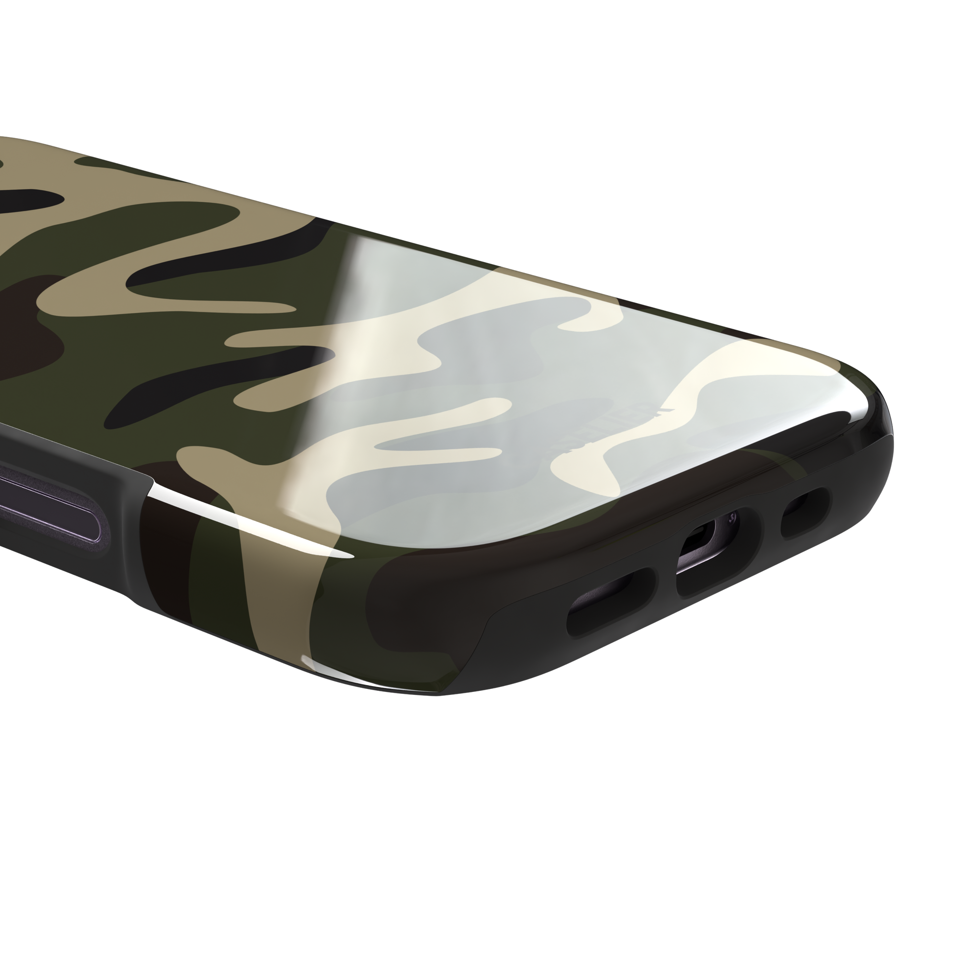 Camouflage, classic military camouflage in green, khaki and brown, tough case, charging port detail, phone case by Caselier