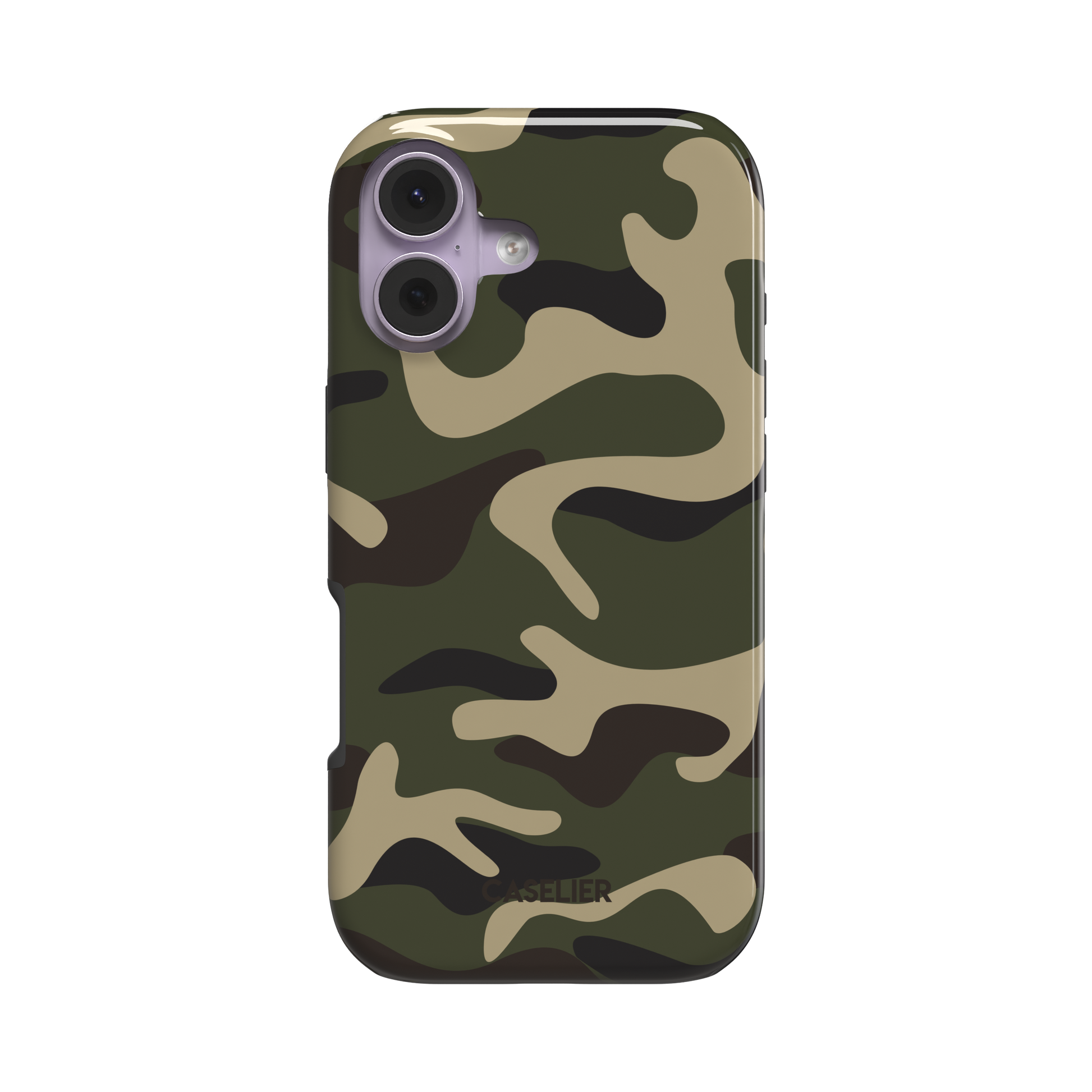 Forest green, tan, and dark brown camouflage pattern phone case, slim profile, slightly angled rear view showing side edges, white background, phone case by Caselier - tough case, front view | Caselier