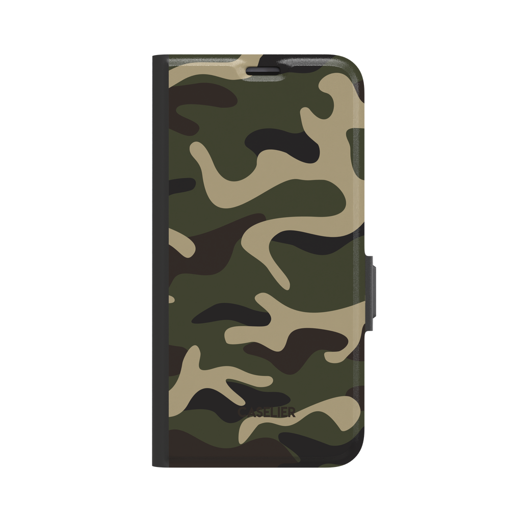Forest green, tan, and dark brown camouflage pattern folio wallet phone case, front cover closed, black spine and clasp, white background, phone case by Caselier - wallet case, front view | Caselier
