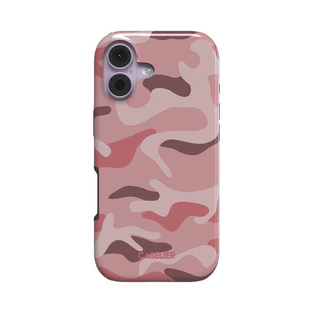 Pink, blush, and mauve camouflage pattern phone case, slim tough-style profile, slightly angled rear view showing side edges, white background, phone case by Caselier - tough case, front view | Caselier