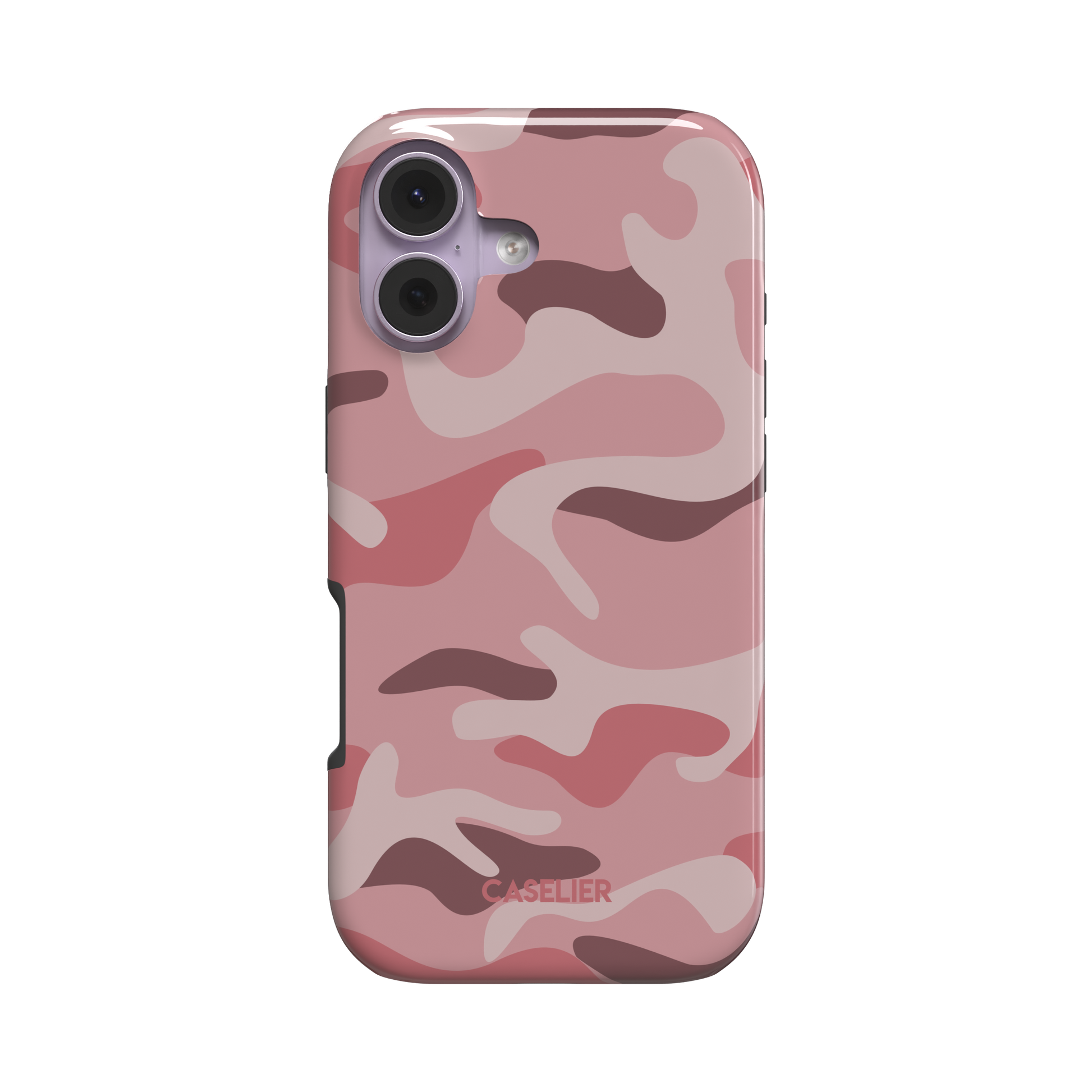 Pink, blush, and mauve camouflage pattern phone case, slim tough-style profile, slightly angled rear view showing side edges, white background, phone case by Caselier - tough case, front view | Caselier