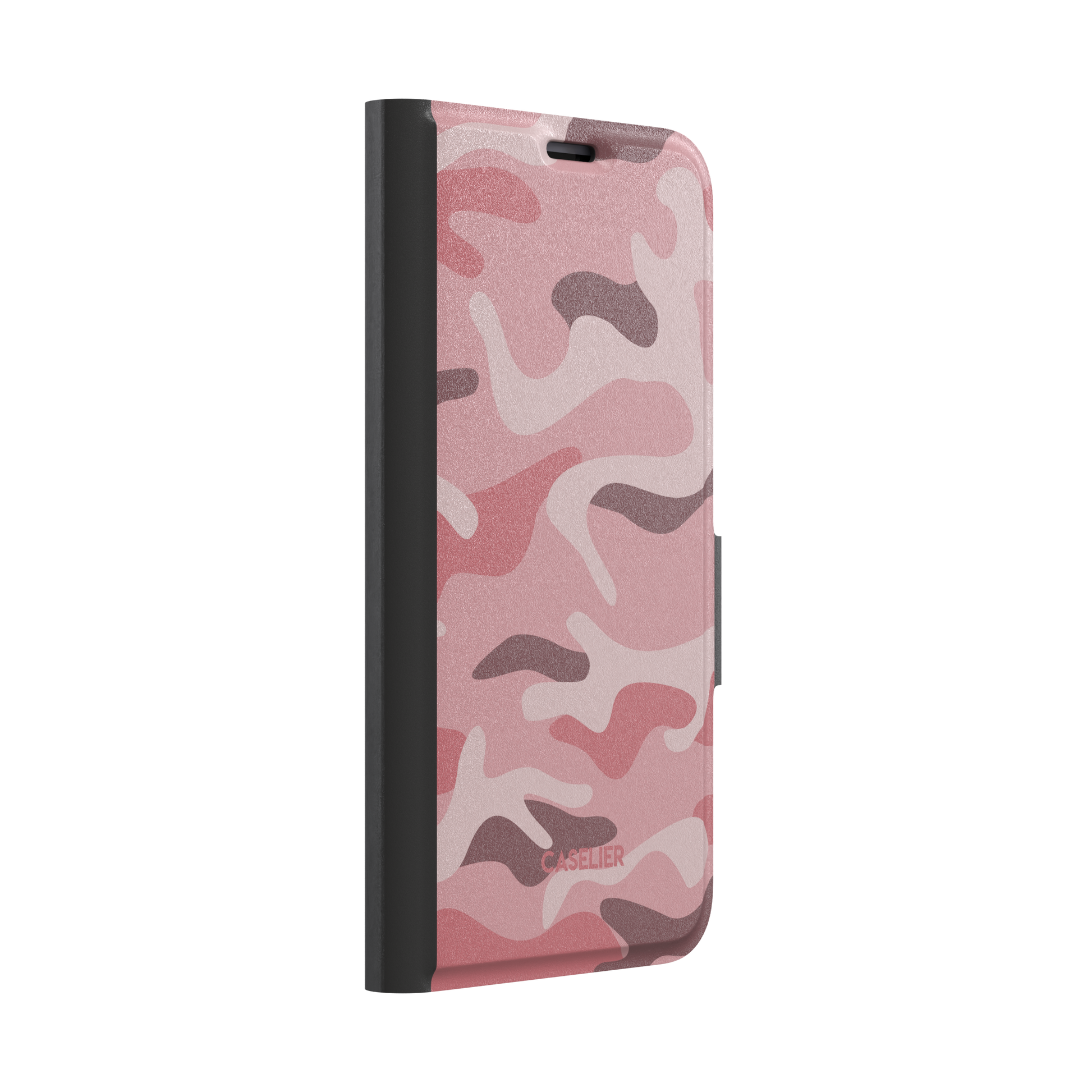 Camouflage, soft camouflage pattern in blush pink and mauve, wallet case, left view, phone case by Caselier