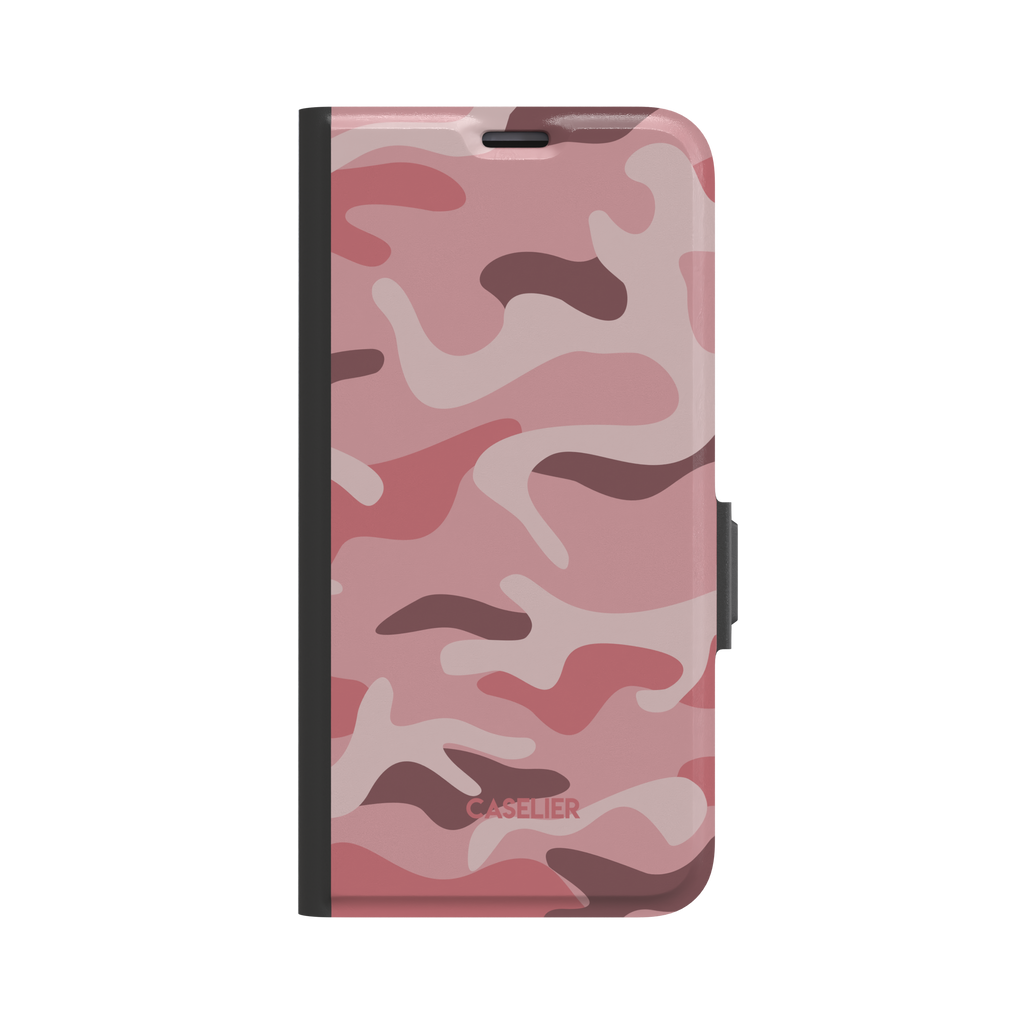 Pink, blush, and mauve camouflage pattern folio wallet phone case, front cover closed, black spine and clasp, white background, phone case by Caselier - wallet case, front view | Caselier