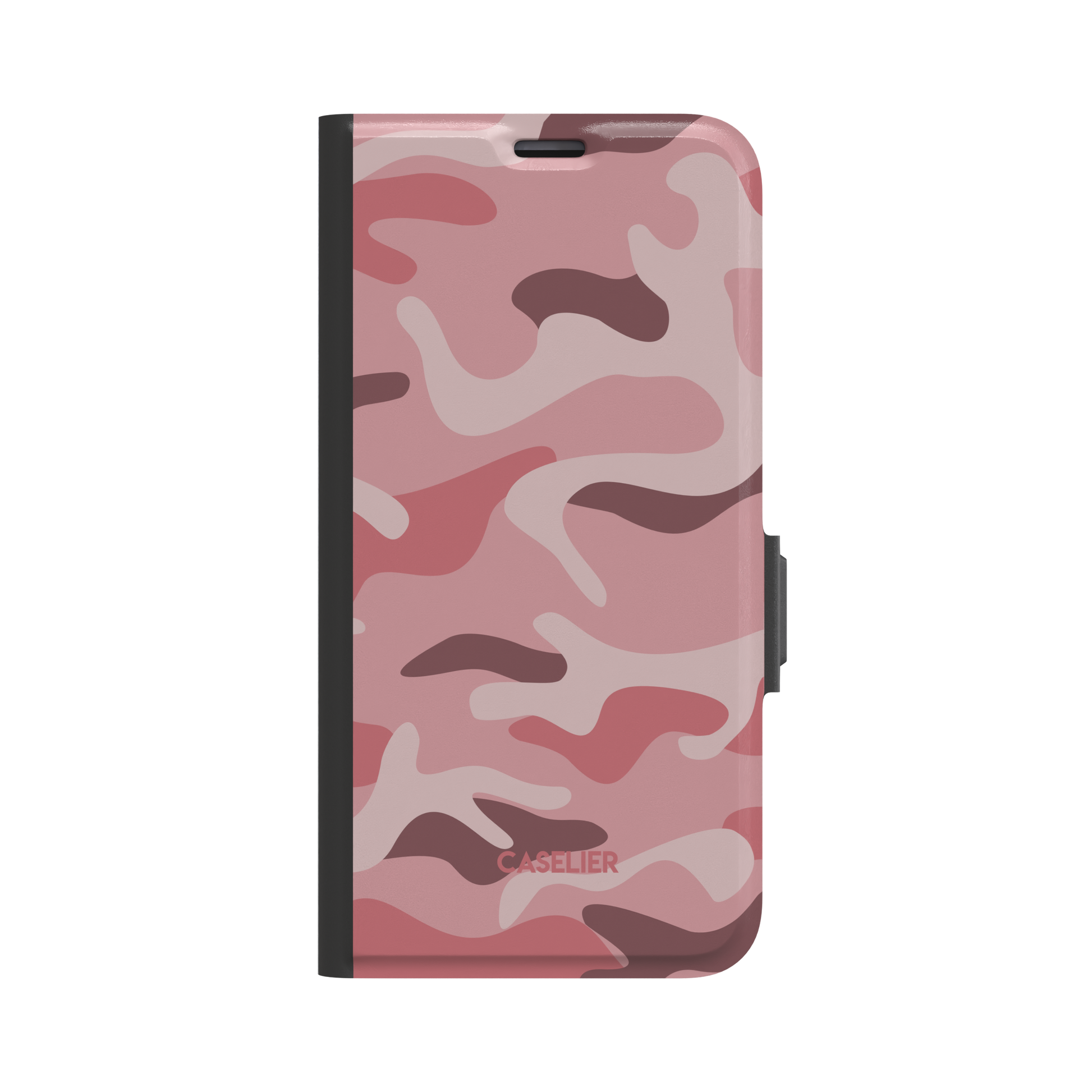 Pink, blush, and mauve camouflage pattern folio wallet phone case, front cover closed, black spine and clasp, white background, phone case by Caselier - wallet case, front view | Caselier